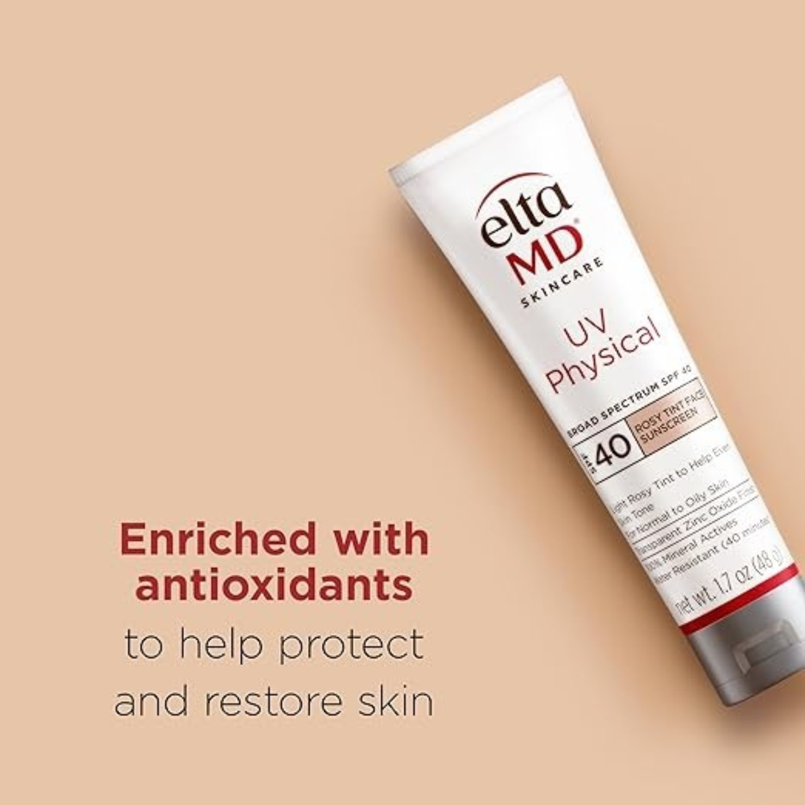EltaMD UV Physical Tinted Sunscreen for Face, 100% Mineral Active Sunscreen - Rosy Tinted (Fair Skin) 1.7oz