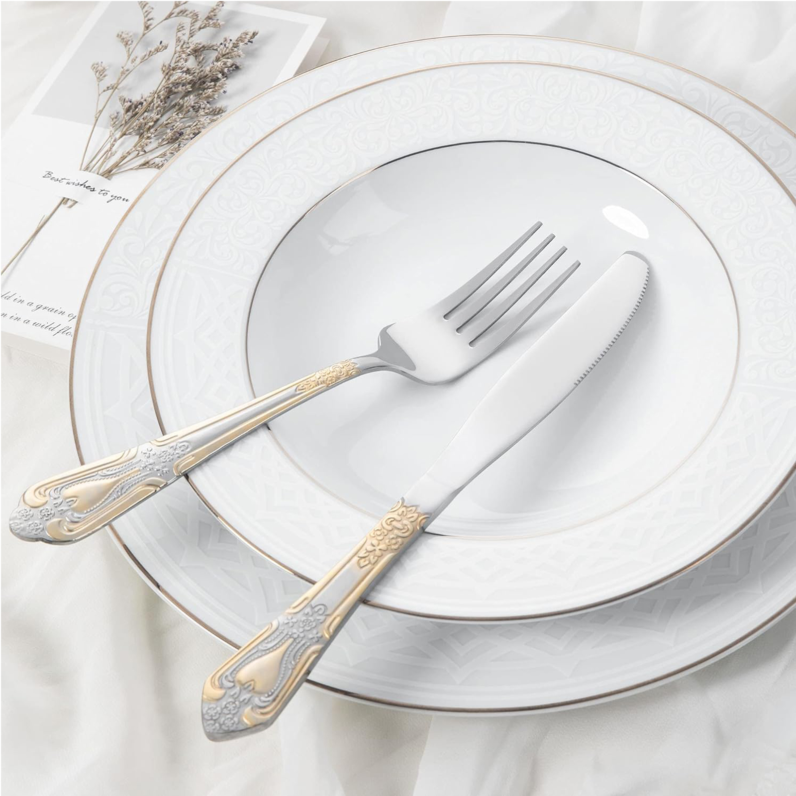 Silverware Set Limited Edition – 20 Piece Flatware Set – Cutlery Set for 4 – Silver Tableware Set w/Gold Accents – Great for Family Gatherings & Daily Use – Spoons, Knives, Teaspoons, Forks(Medallion)