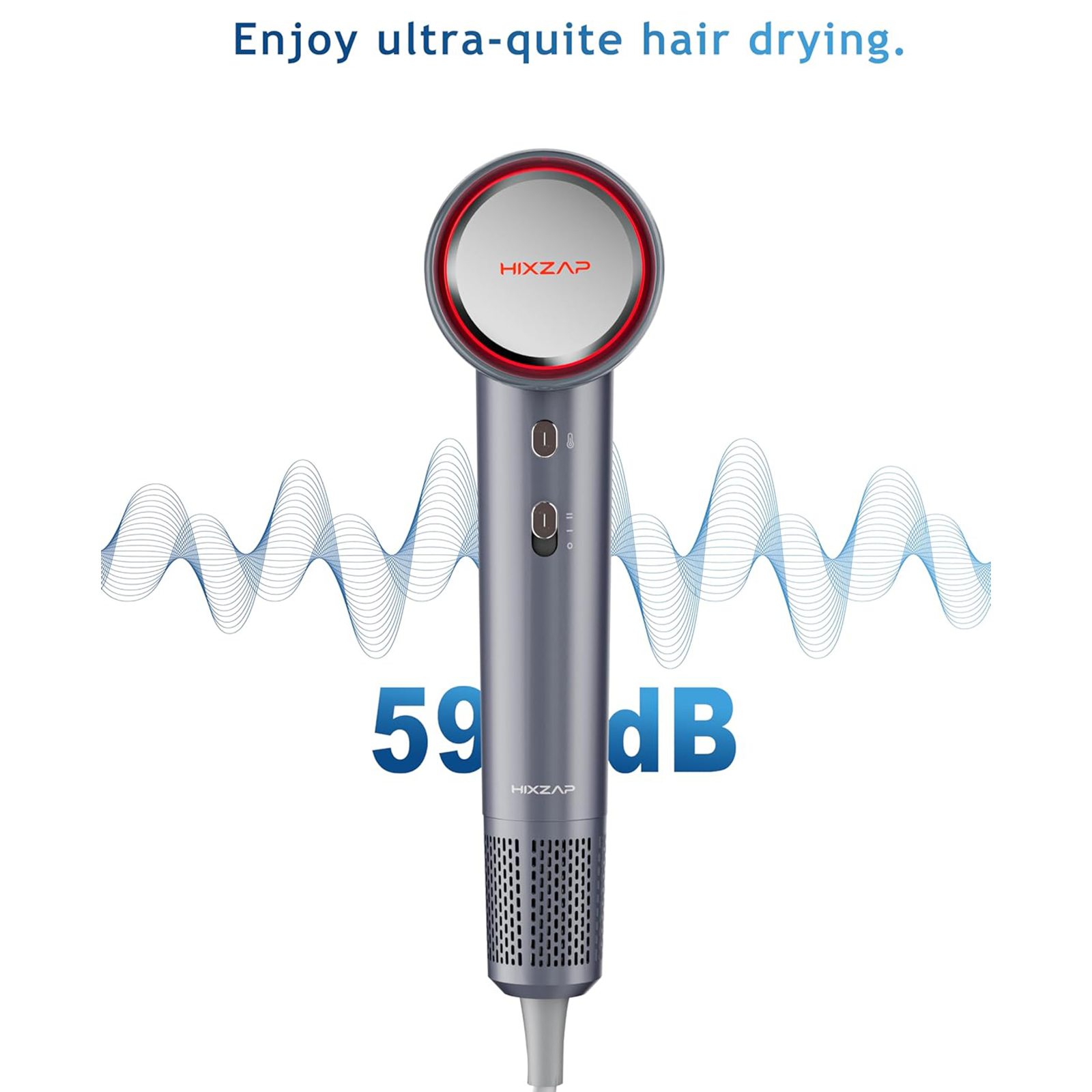 HIXZAP Professional Hair Dryer - Negative Ionic Hair Care - 110,000 RPM BLDC Motor for Fast Drying - High-Speed Low Noise - Thermo-Control - with Magnetic Nozzle - Grey