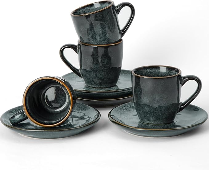 famiware Ocean Espresso Cups with Saucers Set of 4, 3.34oz Espresso Cup Set, Coffee Mug Set for Latte, Macchiato, Stoneware Demitasse Cups Set for Cafe, Microwave&Dishwasher Safe, Deep Forest