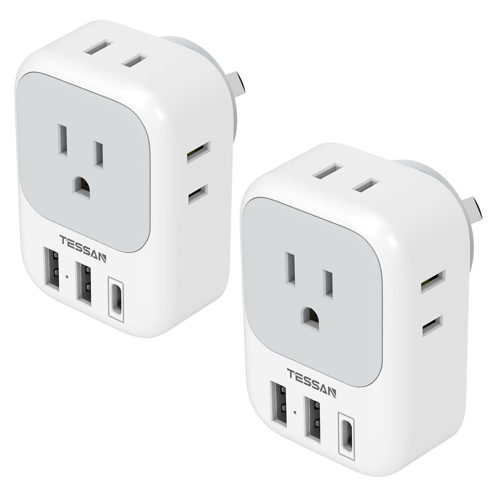 TESSAN Australian Power Adaptor with 4 Outlets 3 USB Ports (1 USB C), 2 Pack
