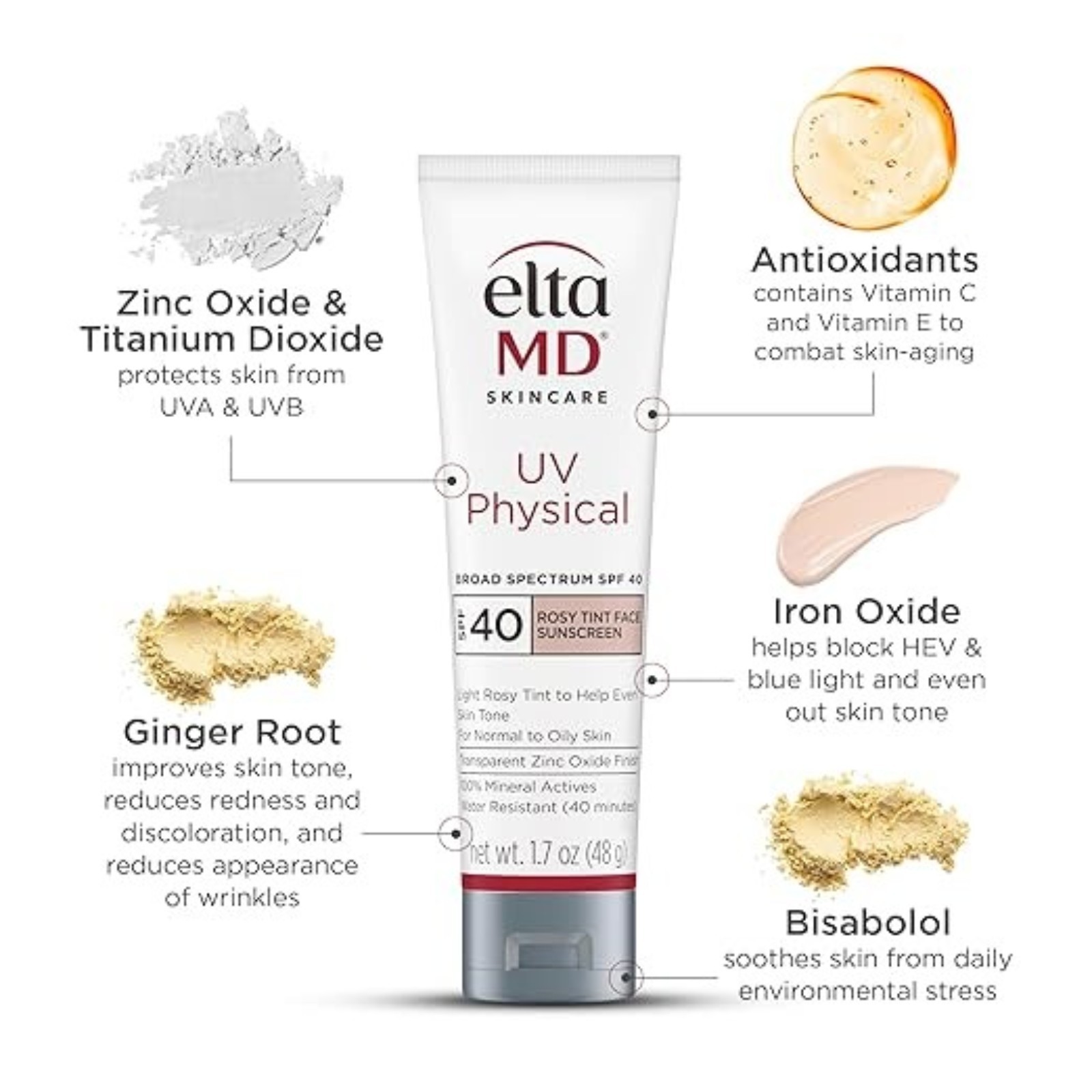 EltaMD UV Physical Tinted Sunscreen for Face, 100% Mineral Active Sunscreen - Rosy Tinted (Fair Skin) 1.7oz