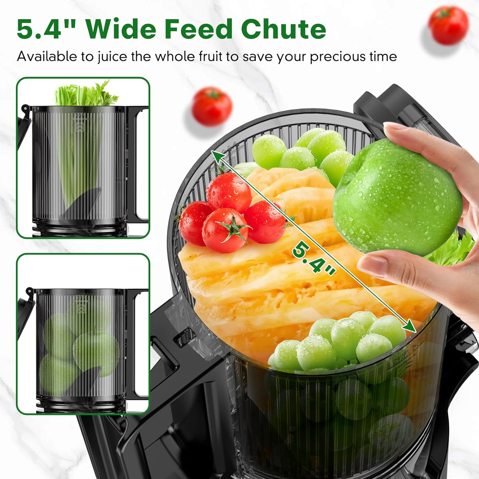 LQZ Cold Press Juicer, Masticating Juicer with 5.4" Wide Feed Chute, 350w Slow Juicer Machines Fit Whole Vegetables and Fruits with High Juice Yield, Easy to Clean (Black)