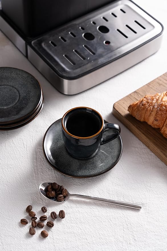 famiware Ocean Espresso Cups with Saucers Set of 4, 3.34oz Espresso Cup Set, Coffee Mug Set for Latte, Macchiato, Stoneware Demitasse Cups Set for Cafe, Microwave&Dishwasher Safe, Deep Forest