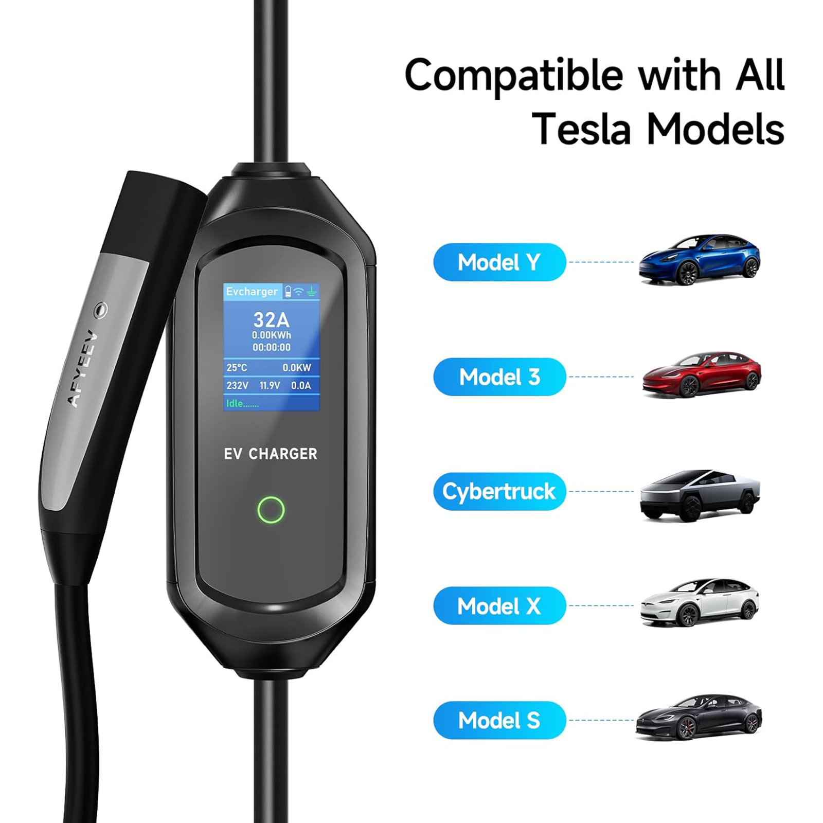 AFYEEV Level 1/2 Charger, 32A 110-240V WiFi/APP Enabled 25FT Cable Tesla Mobile Charger with NEMA 14-50P&5-15, Adjustable Current & Delay Charge Time, Home Charging for Tesla Model Y/3/S/X