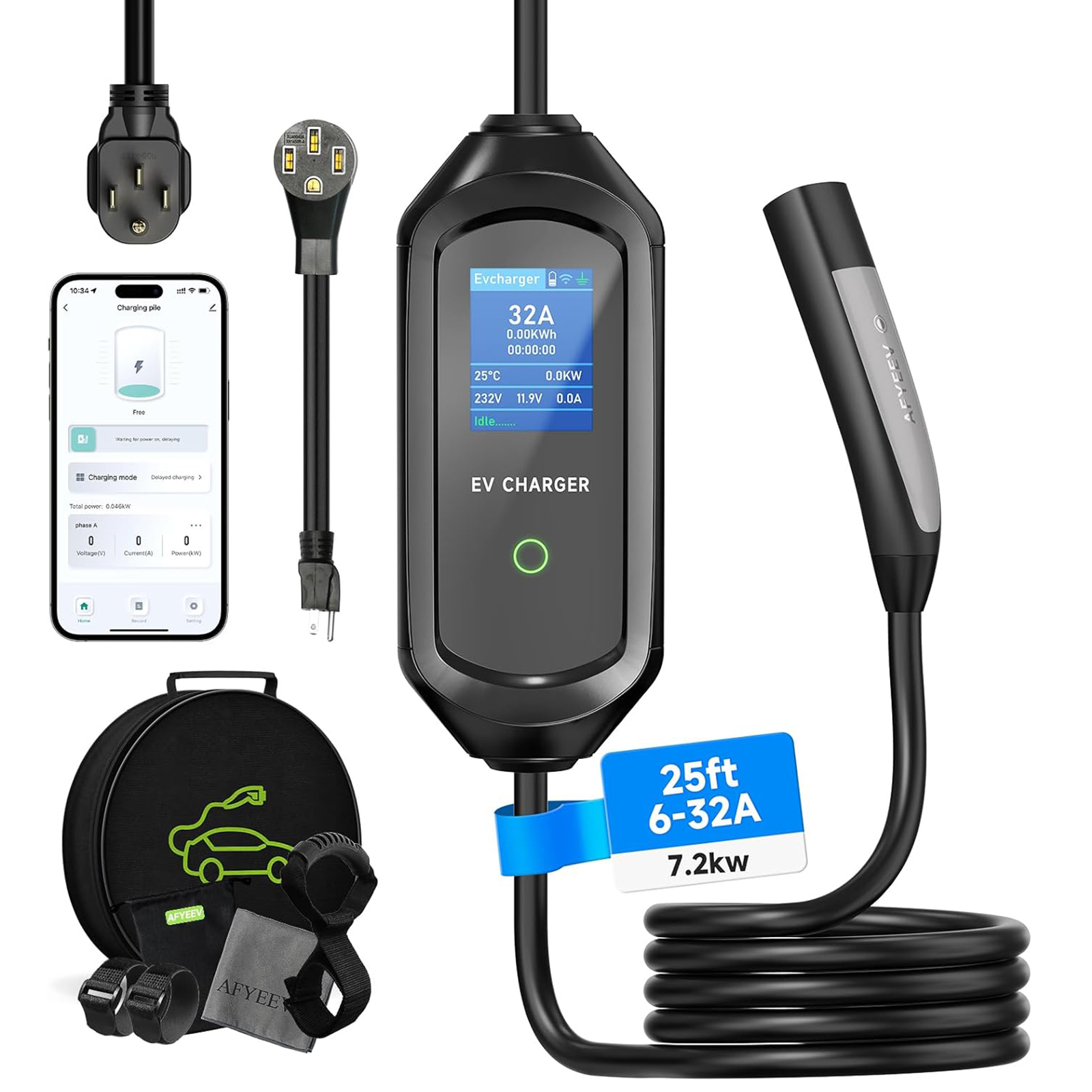 AFYEEV Level 1/2 Charger, 32A 110-240V WiFi/APP Enabled 25FT Cable Tesla Mobile Charger with NEMA 14-50P&5-15, Adjustable Current & Delay Charge Time, Home Charging for Tesla Model Y/3/S/X