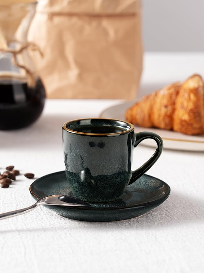 famiware Ocean Espresso Cups with Saucers Set of 4, 3.34oz Espresso Cup Set, Coffee Mug Set for Latte, Macchiato, Stoneware Demitasse Cups Set for Cafe, Microwave&Dishwasher Safe, Deep Forest