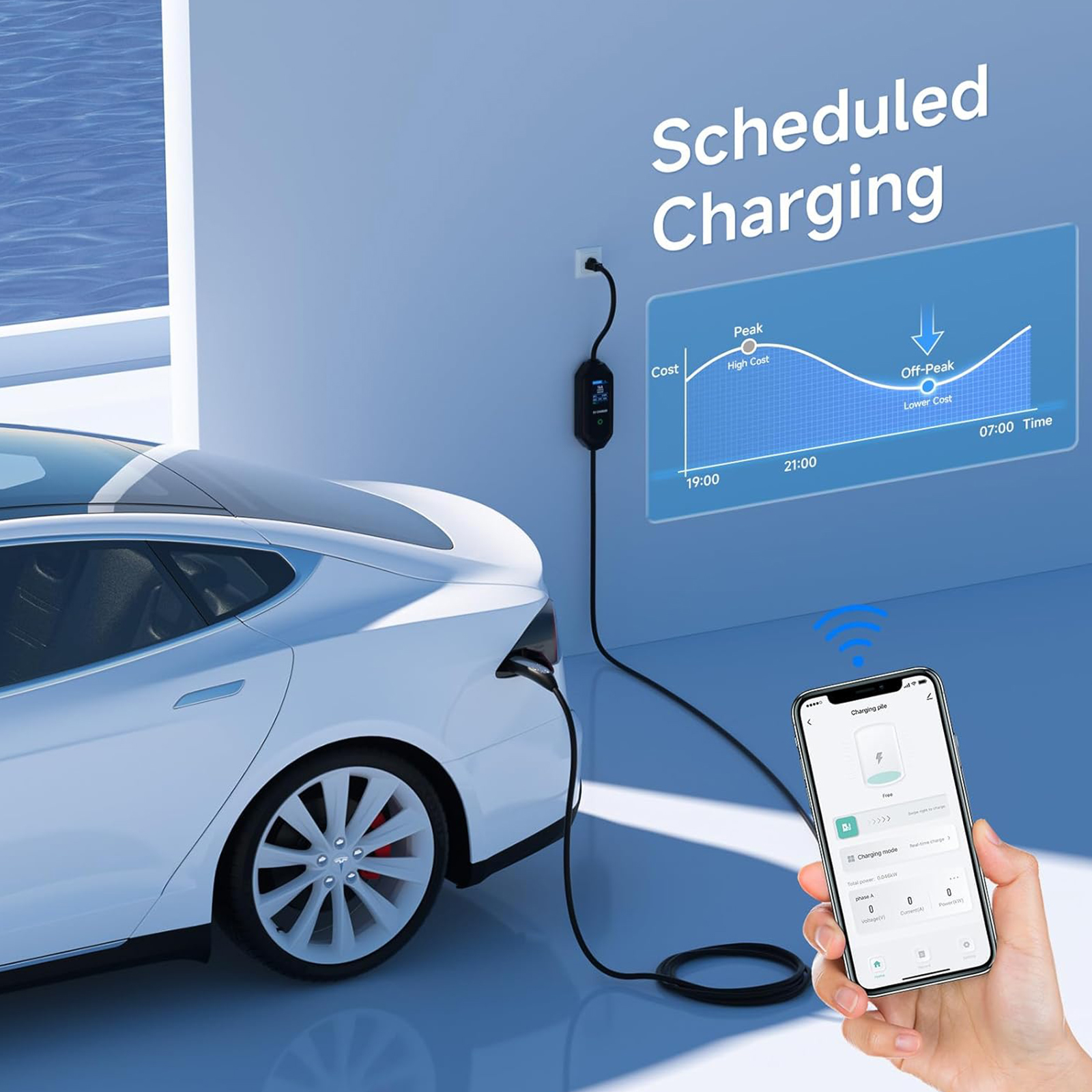 AFYEEV Level 1/2 Charger, 32A 110-240V WiFi/APP Enabled 25FT Cable Tesla Mobile Charger with NEMA 14-50P&5-15, Adjustable Current & Delay Charge Time, Home Charging for Tesla Model Y/3/S/X