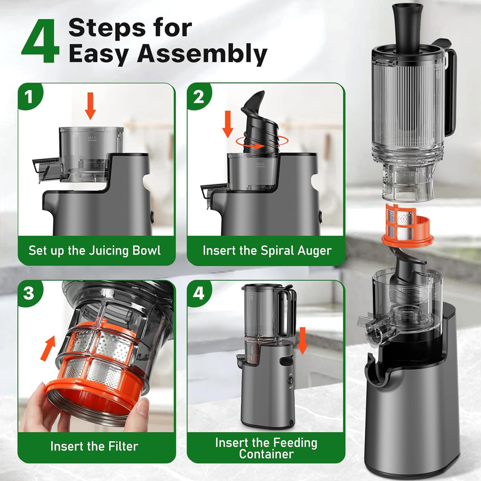 LQZ Cold Press Juicer, Masticating Juicer with 5.4" Wide Feed Chute, 350w Slow Juicer Machines Fit Whole Vegetables and Fruits with High Juice Yield, Easy to Clean (Black)