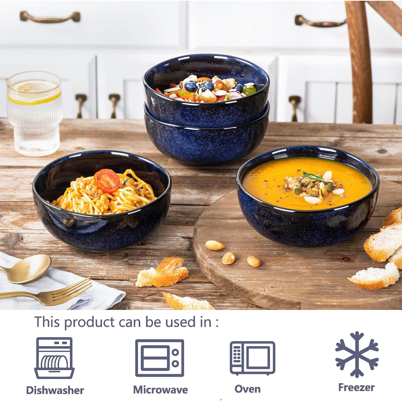 Vicrays Ceramic Cereal Bowls - 26 Ounce Porcelain Soup Set - Set of 6 (Blue)