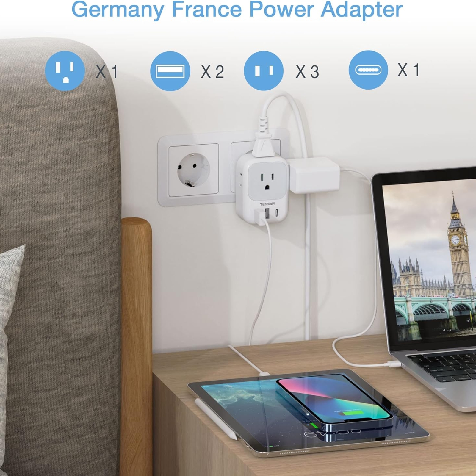 TESSAN Type E F Plug Adapter, Germany France Power Adapter with 3 USB Ports(1 USB C), 4 AC Outlets Travel Adaptor for US to Europe EU Spain Iceland Korea Greece Russia German French