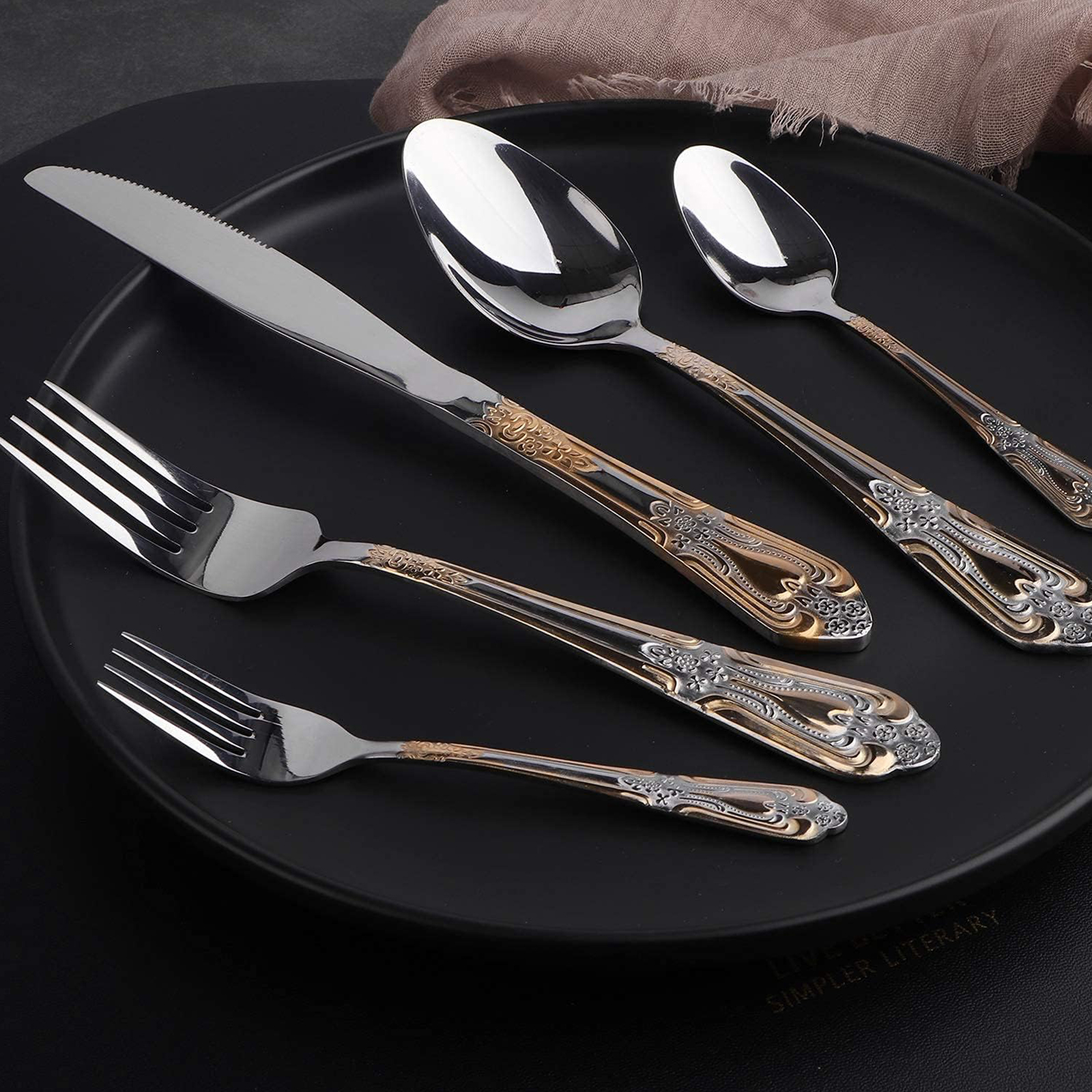 Silverware Set Limited Edition – 20 Piece Flatware Set – Cutlery Set for 4 – Silver Tableware Set w/Gold Accents – Great for Family Gatherings & Daily Use – Spoons, Knives, Teaspoons, Forks(Medallion)