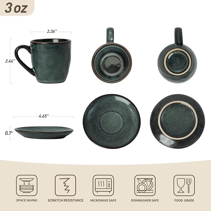 famiware Ocean Espresso Cups with Saucers Set of 4, 3.34oz Espresso Cup Set, Coffee Mug Set for Latte, Macchiato, Stoneware Demitasse Cups Set for Cafe, Microwave&Dishwasher Safe, Deep Forest