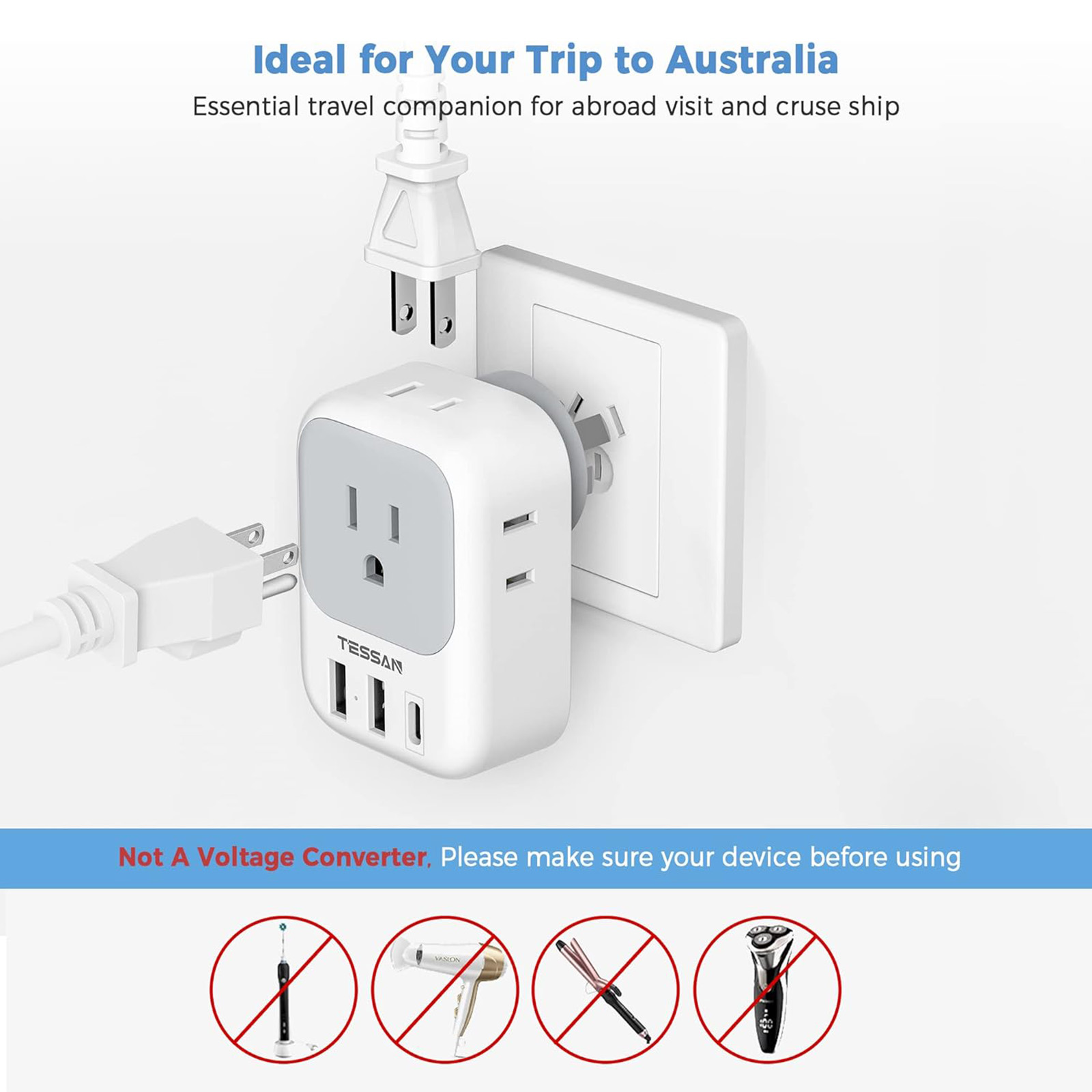 TESSAN Australian Power Adaptor with 4 Outlets 3 USB Ports (1 USB C), 2 Pack