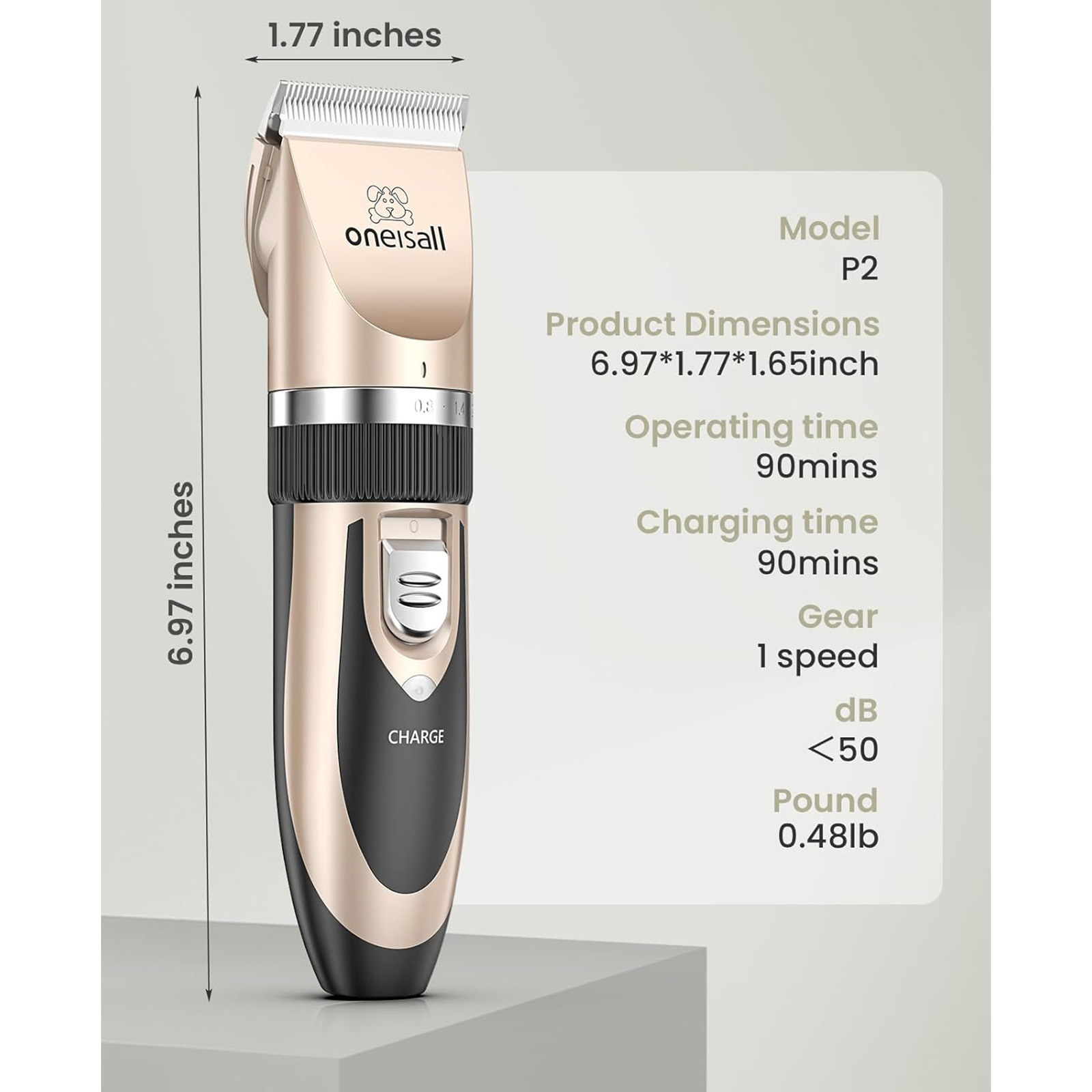 oneisall Dog Clipper Low Noise, Dog Grooming Kit with Rechargeable, Dog Shaver Cordless Electric Quiet Hair Clipper Set for Dog Cats Pets（Gold）
