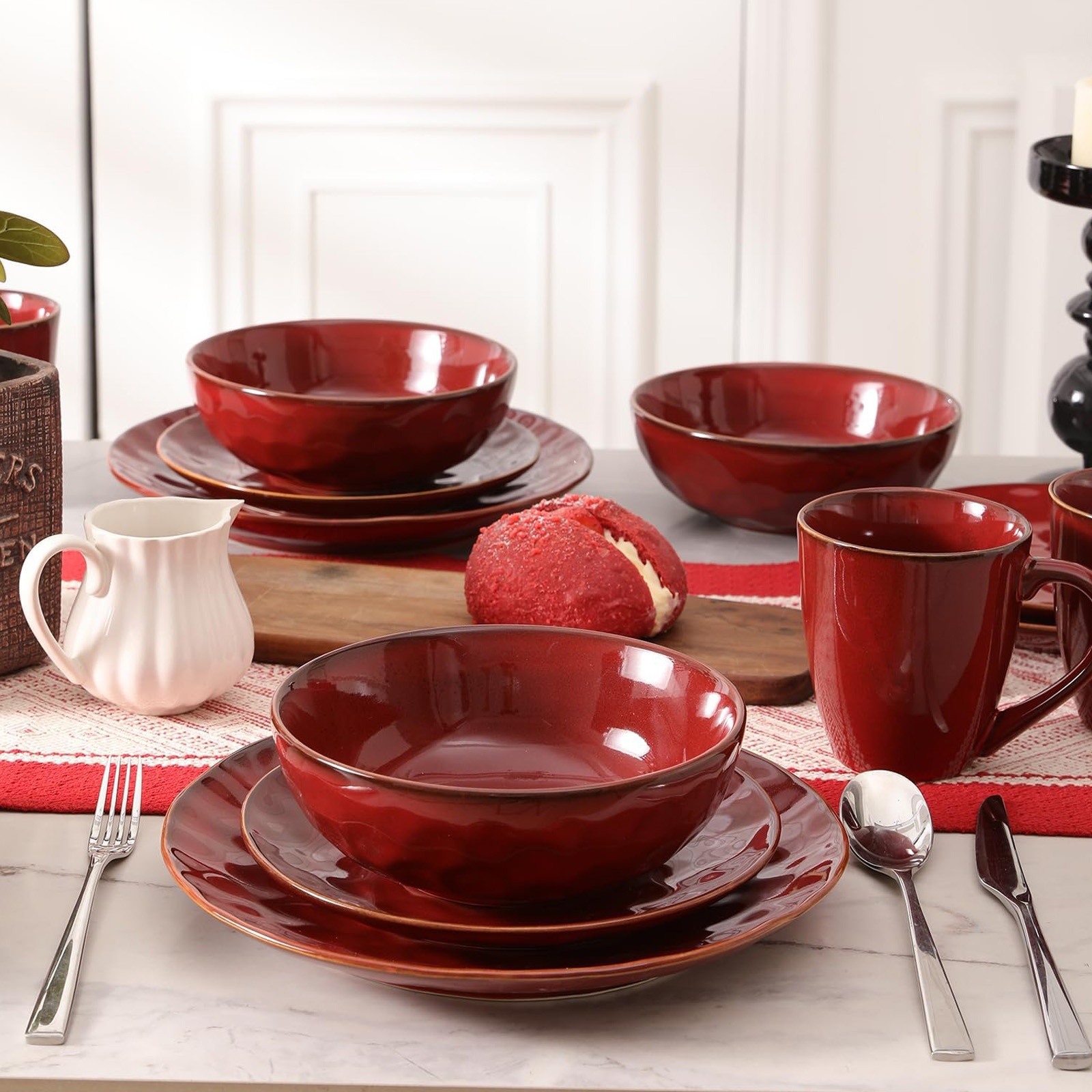 vicrays Ceramic Dessert Salad Plates, 8 Inch, Set of 6, (Cherry Red)