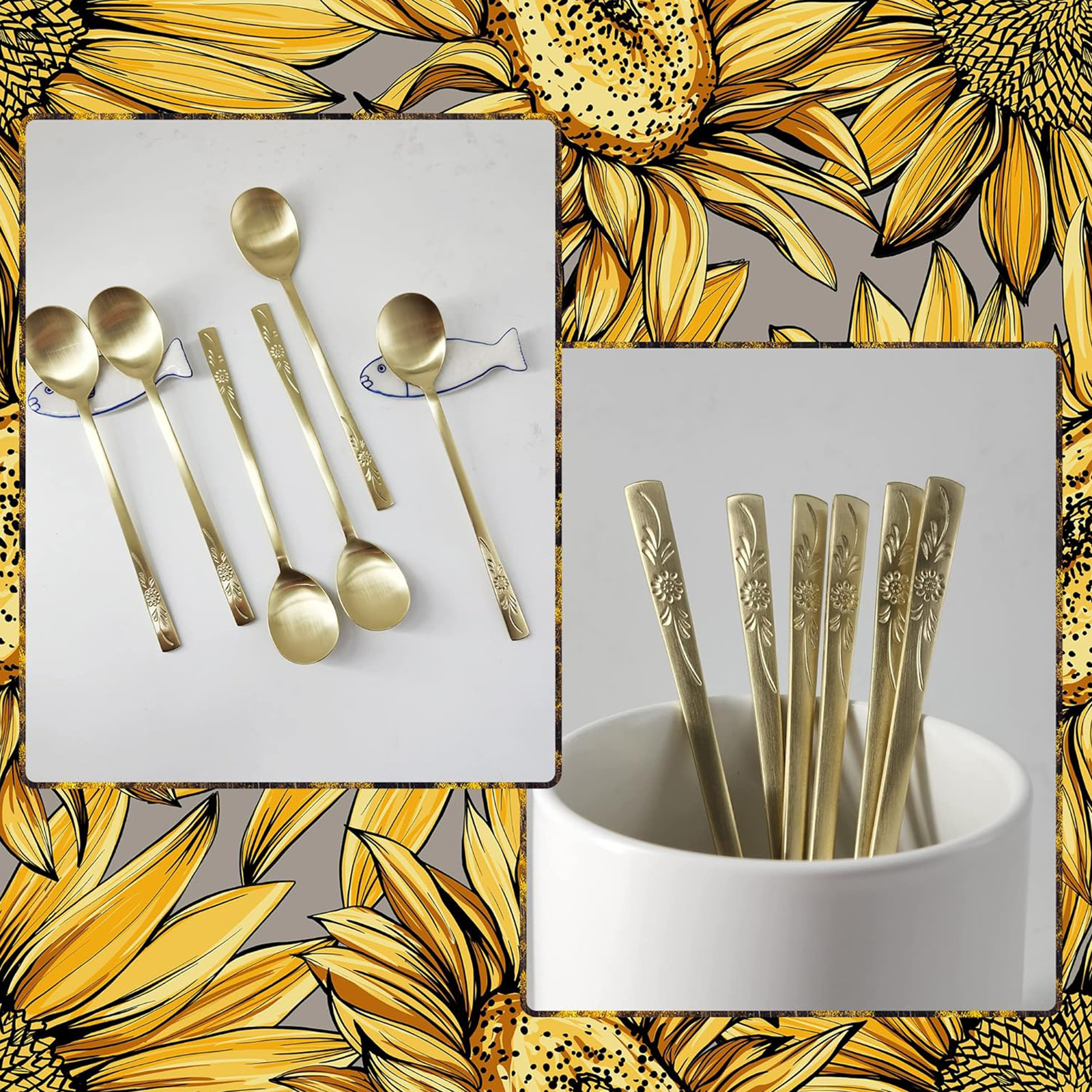 BALWOO 6 Pcs Korean Style Soup Spoon 8.5 inch Premium 304(18/10) Stainless Steel Dessert Spoons Dinner Spoon, Table Spoon, Rice Spoon Ice Cream Scoop (Sunflower, TITANIUM)