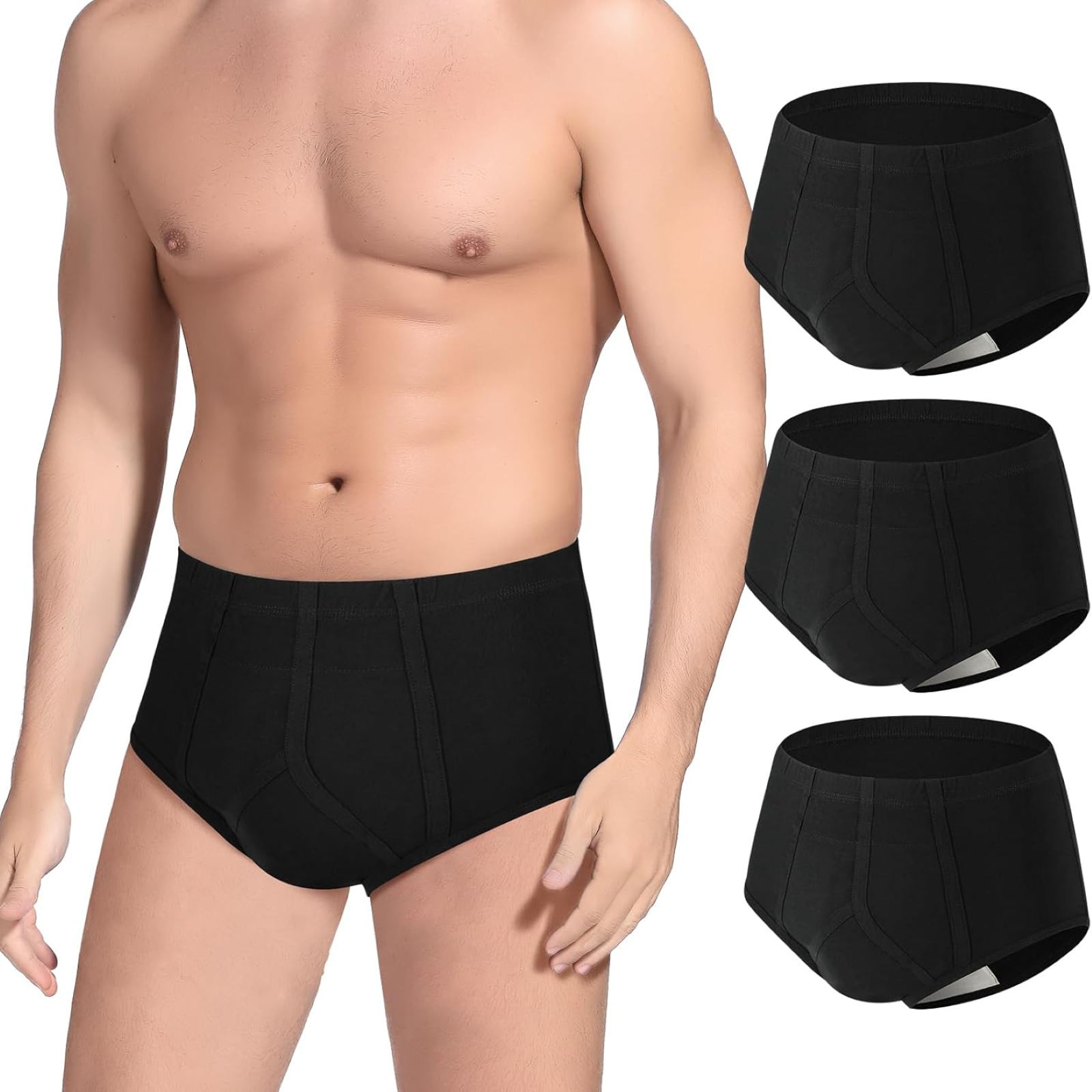 Incontinence Underwear for Men 3 Pack Washable Mens Incontinence Briefs with Front Absorbent Area Leak Proof Underwear for Men Reusable Urinary Incontinence Underwear (Black, 2XL)