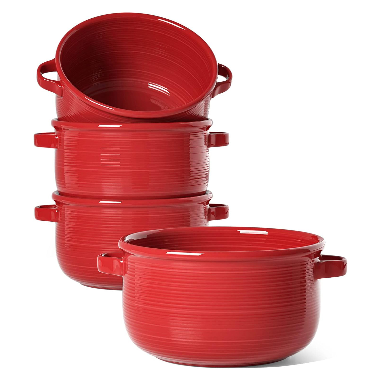 LE TAUCI Soup Bowls with Handles, Ceramic French Onion Soup Bowls 28 Ounces for Soup, Cereal, Chilli, Beef Stew, Stackable Serving Bowls Set, Oven Microwave Dishwasher Safe, Set of 4, Red
