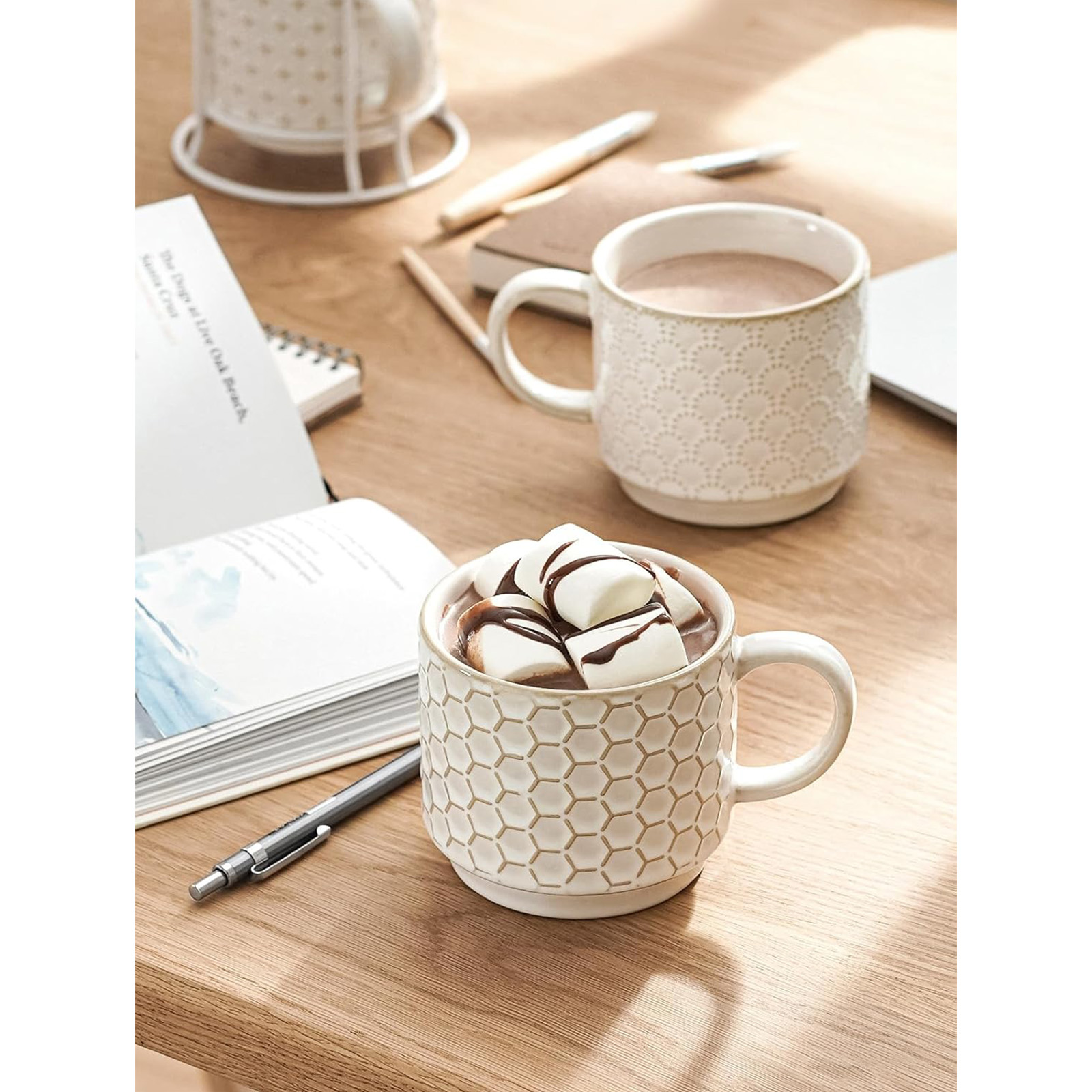LE TAUCI Stackable Coffee Mugs with Rack, 12 oz - Set of 4, Arctic white