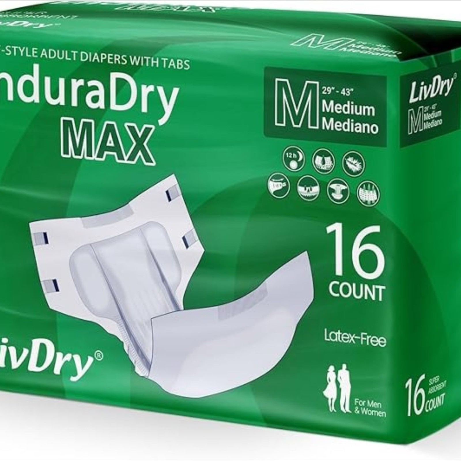 LivDry EnduraDry Max Adult Diapers with Tabs, Up to 12-Hours, Super Absorbent Incontinence Underwear, Leak Protection Briefs, Medium, 16-Pack