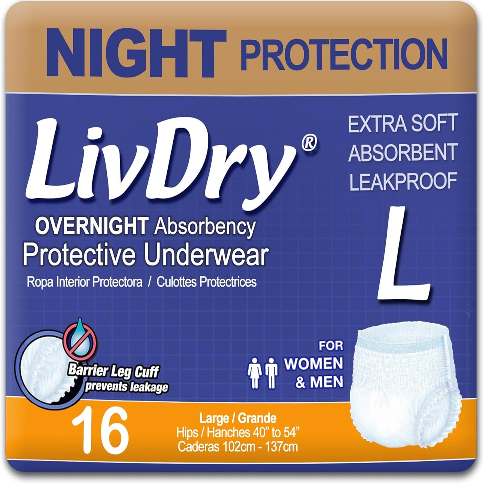 LivDry Overnight Adult Diapers for Women and Men, Max Protection Incontinence Underwear (Large, 16-Pack)