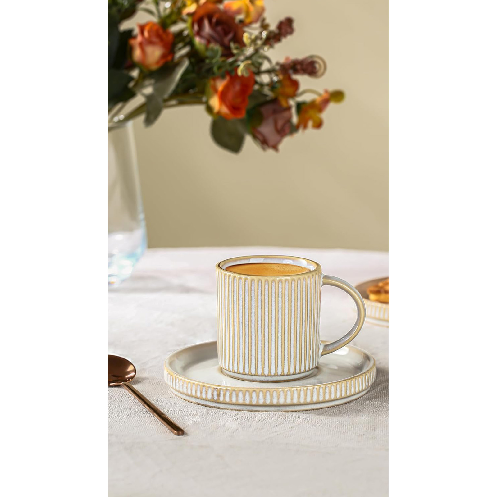 famiware Star Espresso Cups and Saucers Set of 4, [ Mini ] 3 oz Ceramic Small Coffee Mug with Handle, Ribbed Stoneware Demitasse Cup for Tea, Latte - Microwave & Dishwasher Safe - Cappuccino White