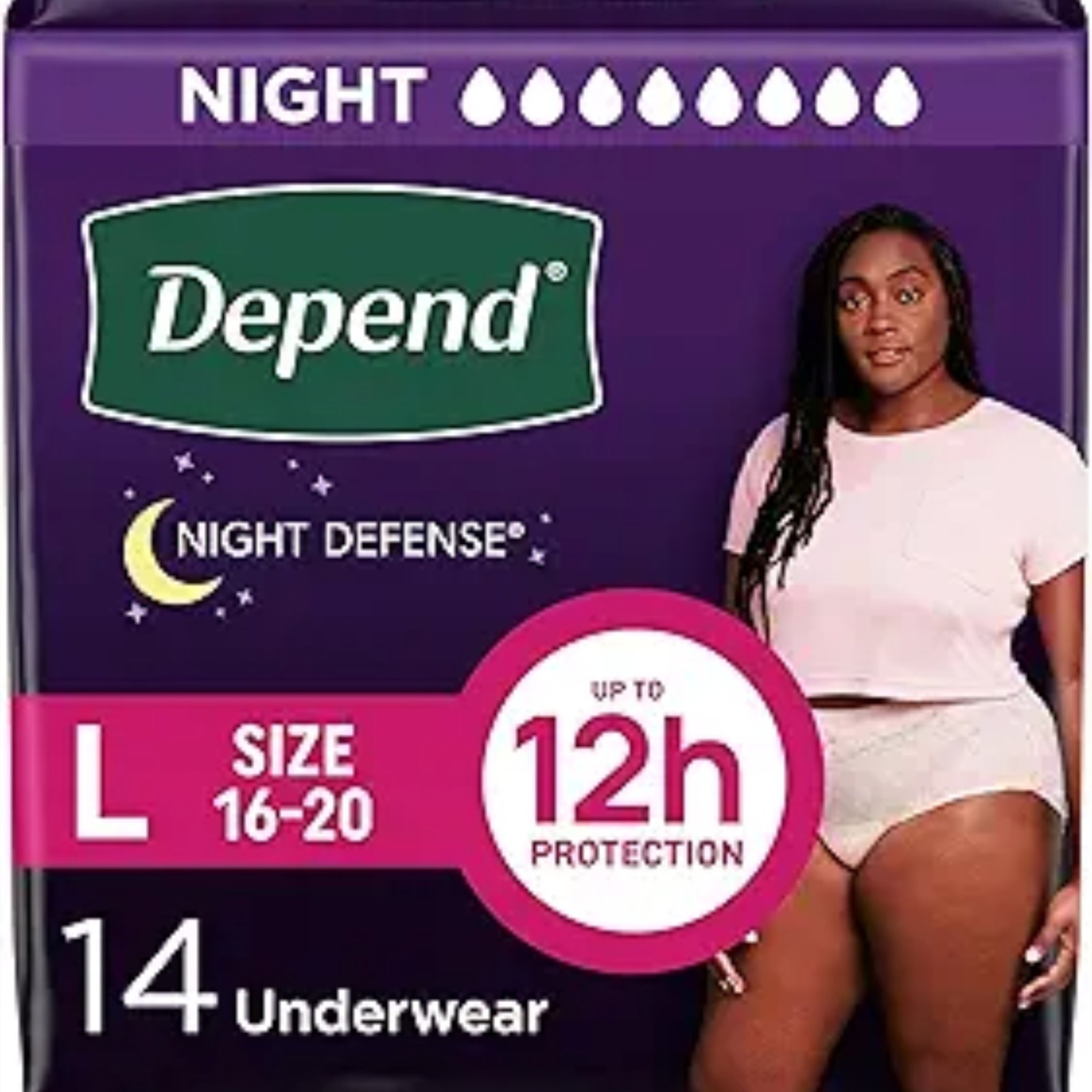 Depend Night Defense Adult Diapers, Incontinence & Postpartum Bladder Leak Underwear for Women, Disposable, Overnight, Large, Blush, 14 Count, Packaging May Vary