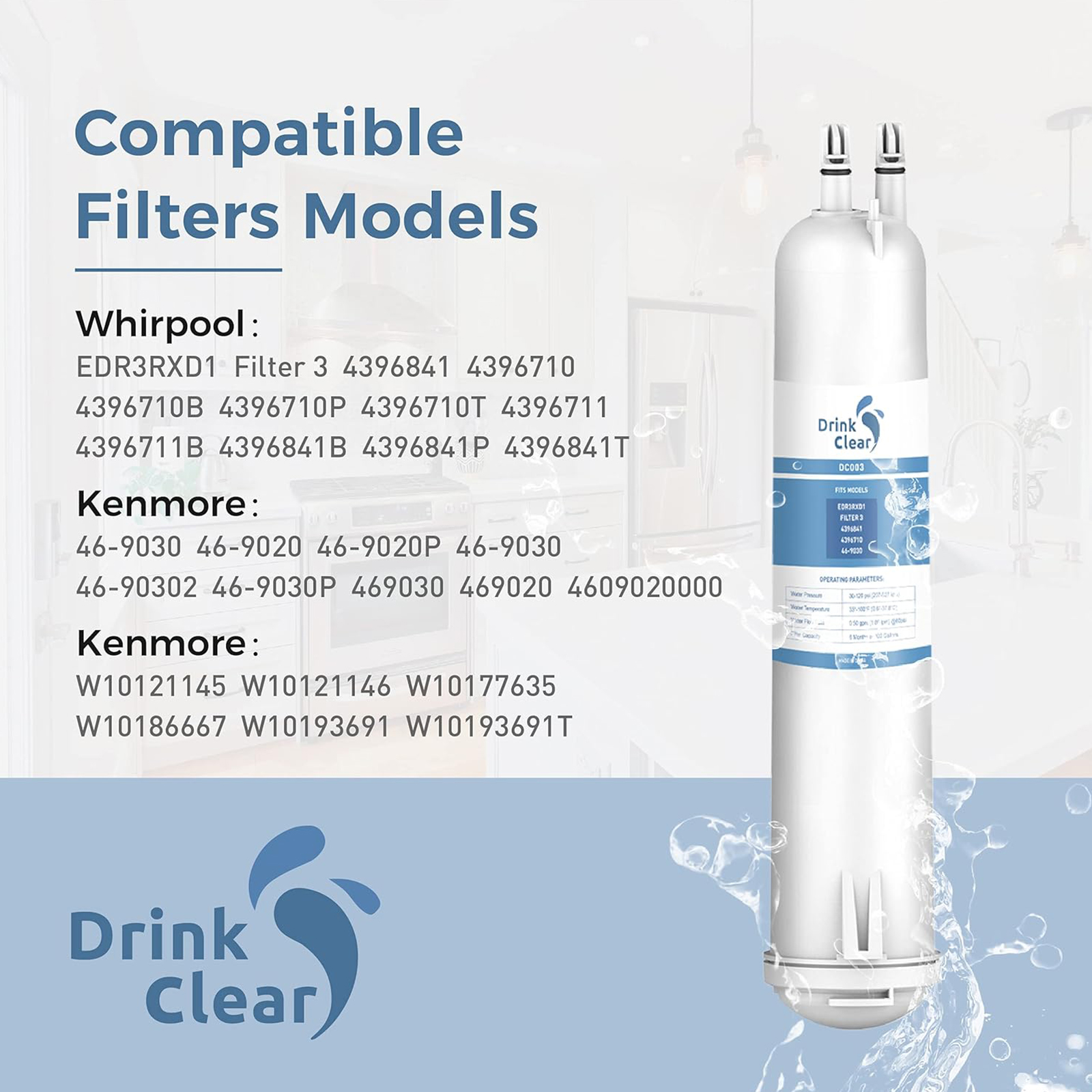 EDR3RXD1 Water Filter Replacement, Compatible with 4396841, Filter 3, 4396710, Kenmore 46-9083, 46-9030 Refrigerator Water Filter, 3 Packs