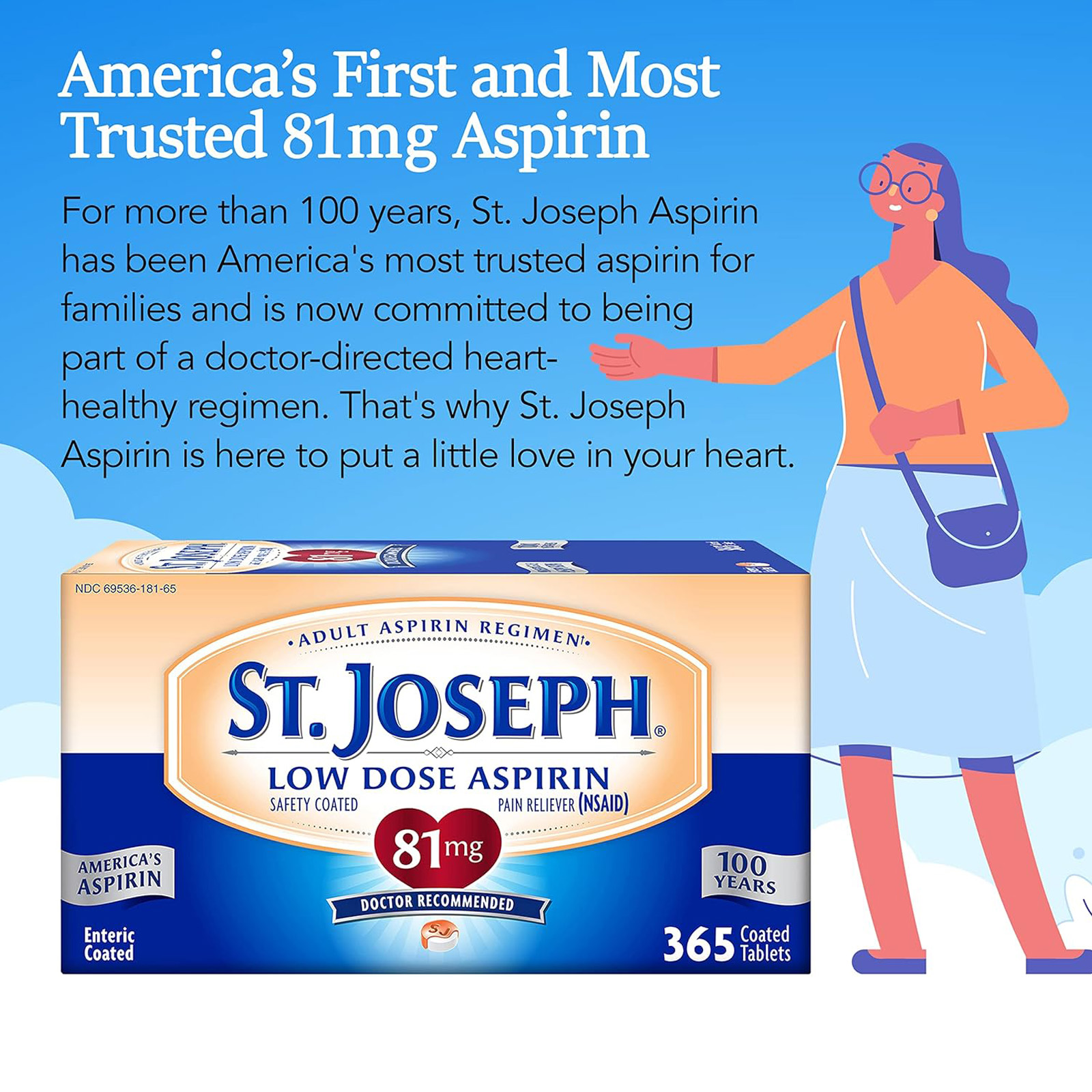 St. Joseph Aspirin Pain Reliever (NSAID) 81mg, Enteric Safety Coated, 365 ct