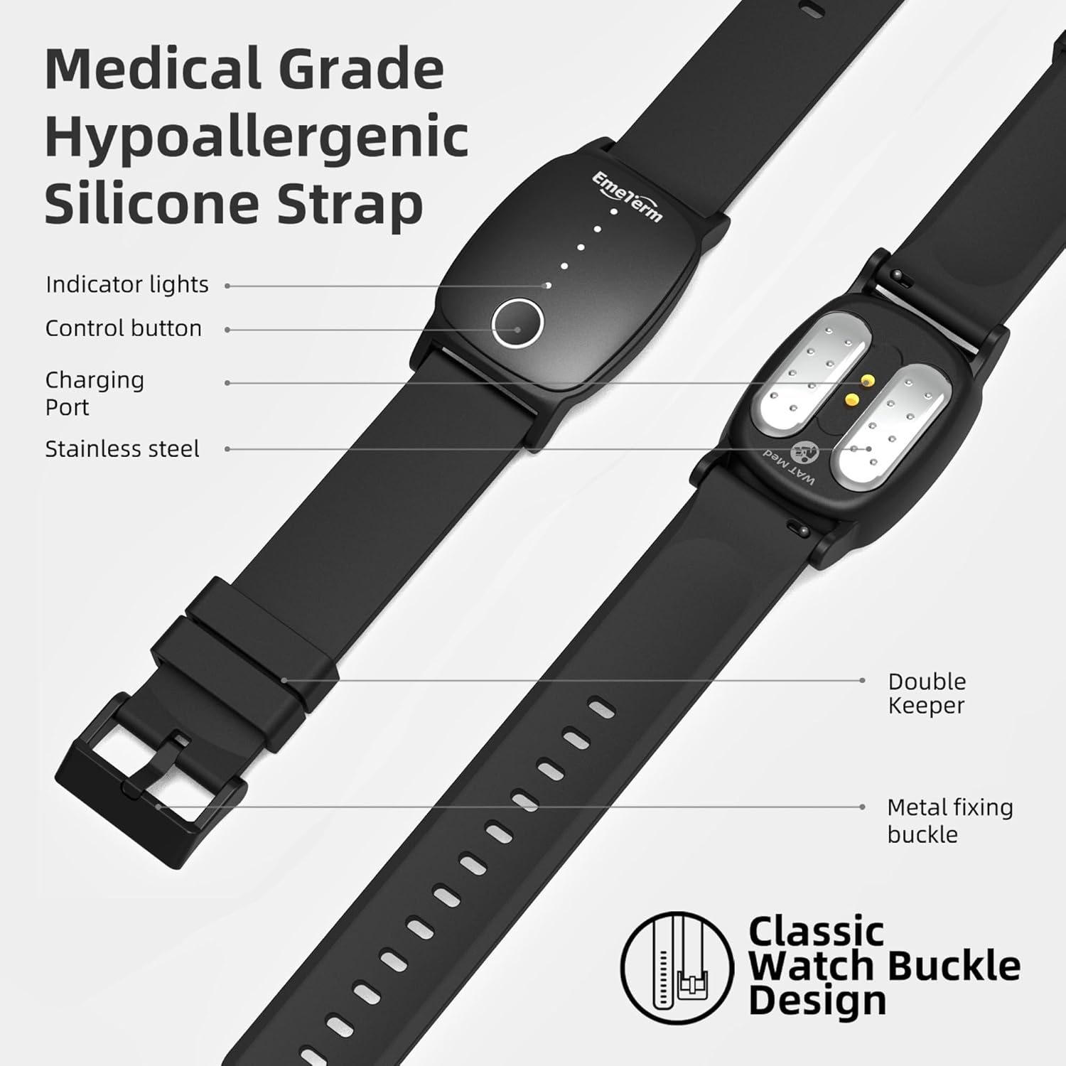 EmeTerm Explore FDA-Cleared Galaxy Black Anti-Nausea Wristband IP67 Waterproof Morning Motion Travel Sickness Vomit Relief Rechargeable Classic Strap Design No Gel Drug Free Without Side Effects