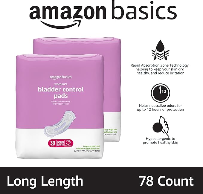 Amazon Basics Incontinence Pads for Women Long, Bladder Control, Postpartum, Maximum Absorbency, Unscented, 78 Count (2 Packs of 39)