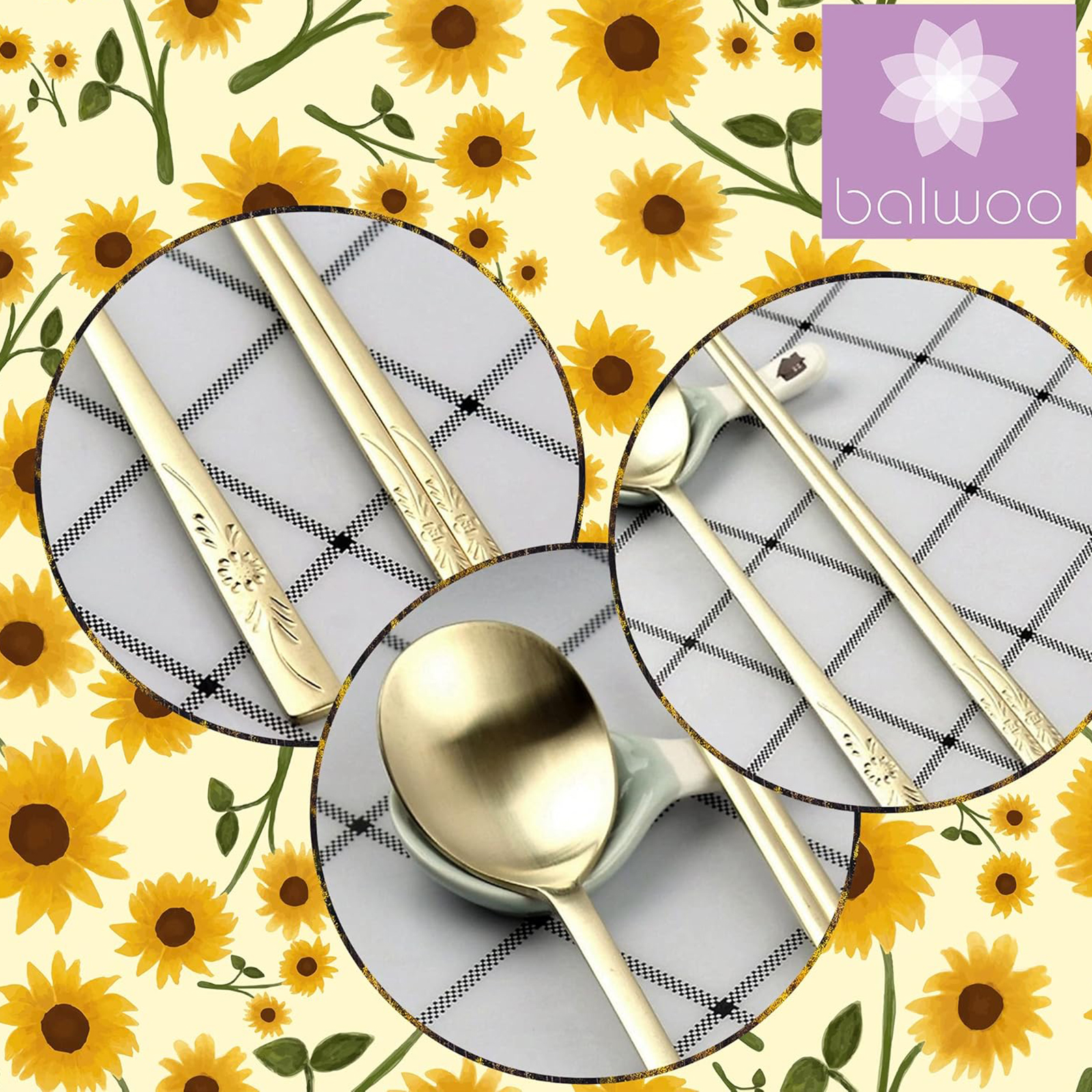BALWOO 6 Pcs Korean Style Soup Spoon 8.5 inch Premium 304(18/10) Stainless Steel Dessert Spoons Dinner Spoon, Table Spoon, Rice Spoon Ice Cream Scoop (Sunflower, TITANIUM)