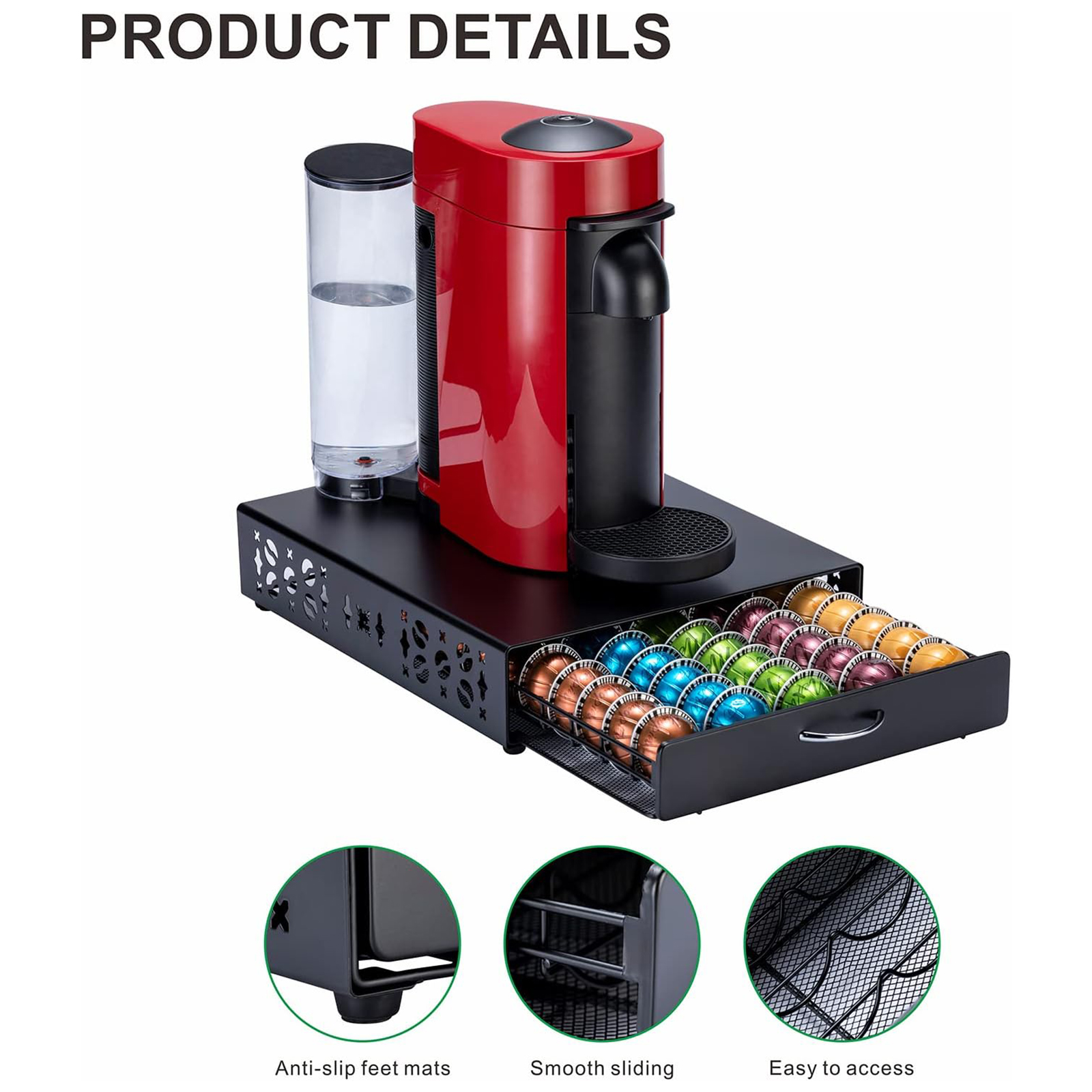 ZCDCP Nespresso Pod Holder Vertuo pod Storage Drawer Black Metal Coffee Pod Holder for Vertuoline Capsule Orgainzer 50 Pods