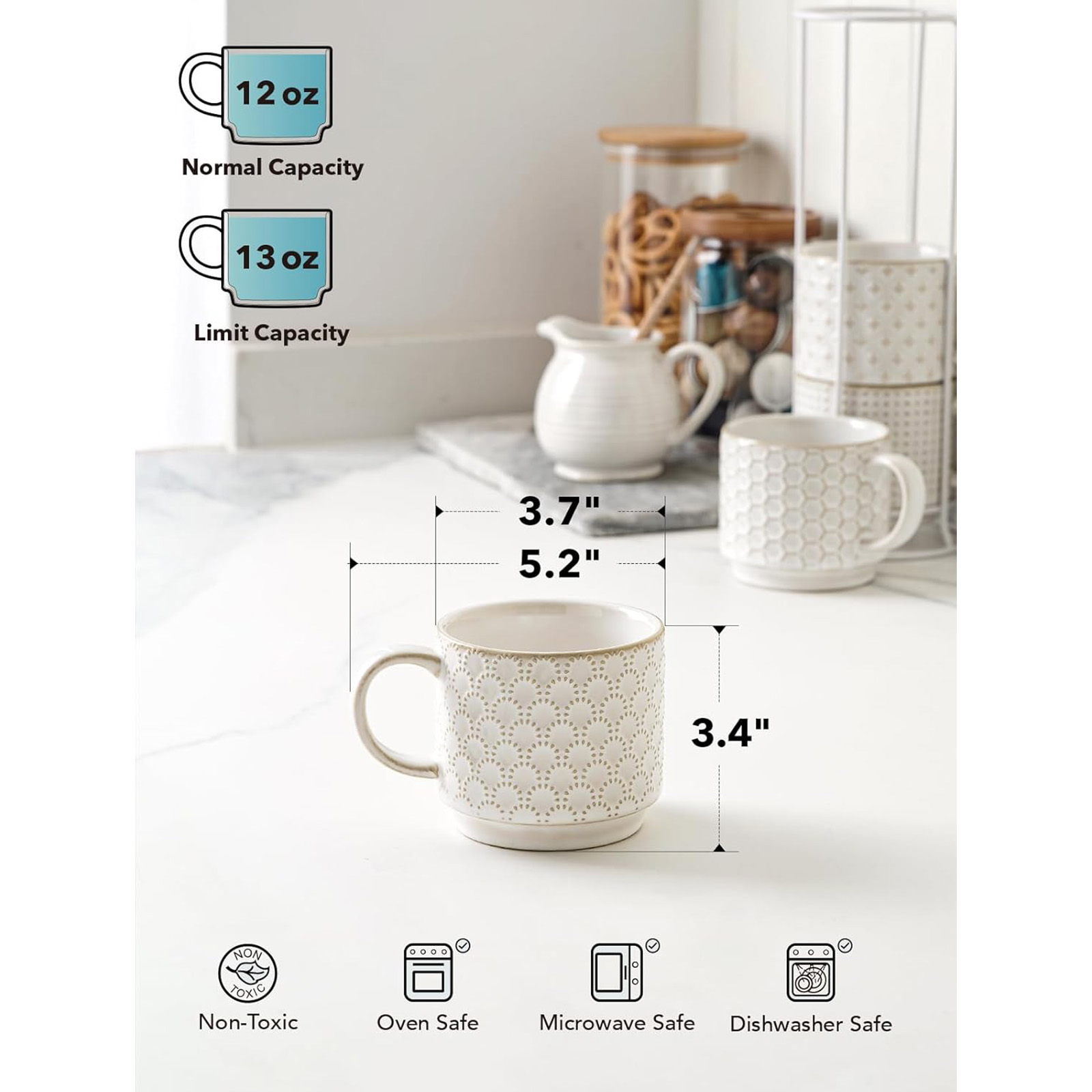 LE TAUCI Stackable Coffee Mugs with Rack, 12 oz - Set of 4, Arctic white