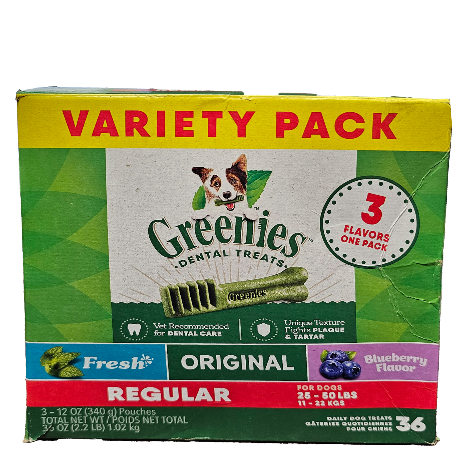 Greenies Regular Spearmint and Blueberry Flavored Variety Pack Dental Care Dog Treats, 3 x 12 oz Pouches