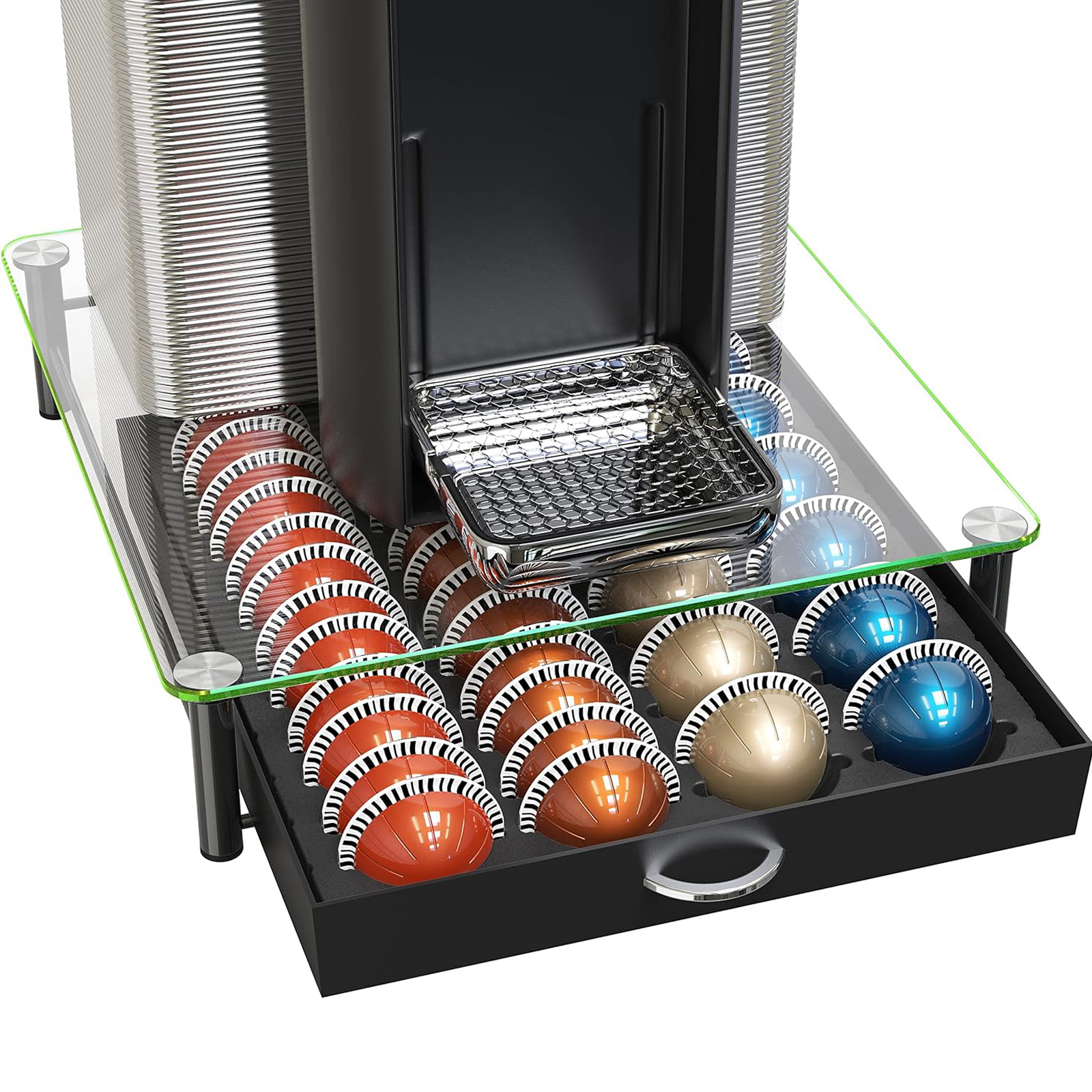 DecoBrothers Crystal Tempered Glass Vertuo Pod Holder Drawer, 24 Large or 48 Small Nespresso Capsule Organizer