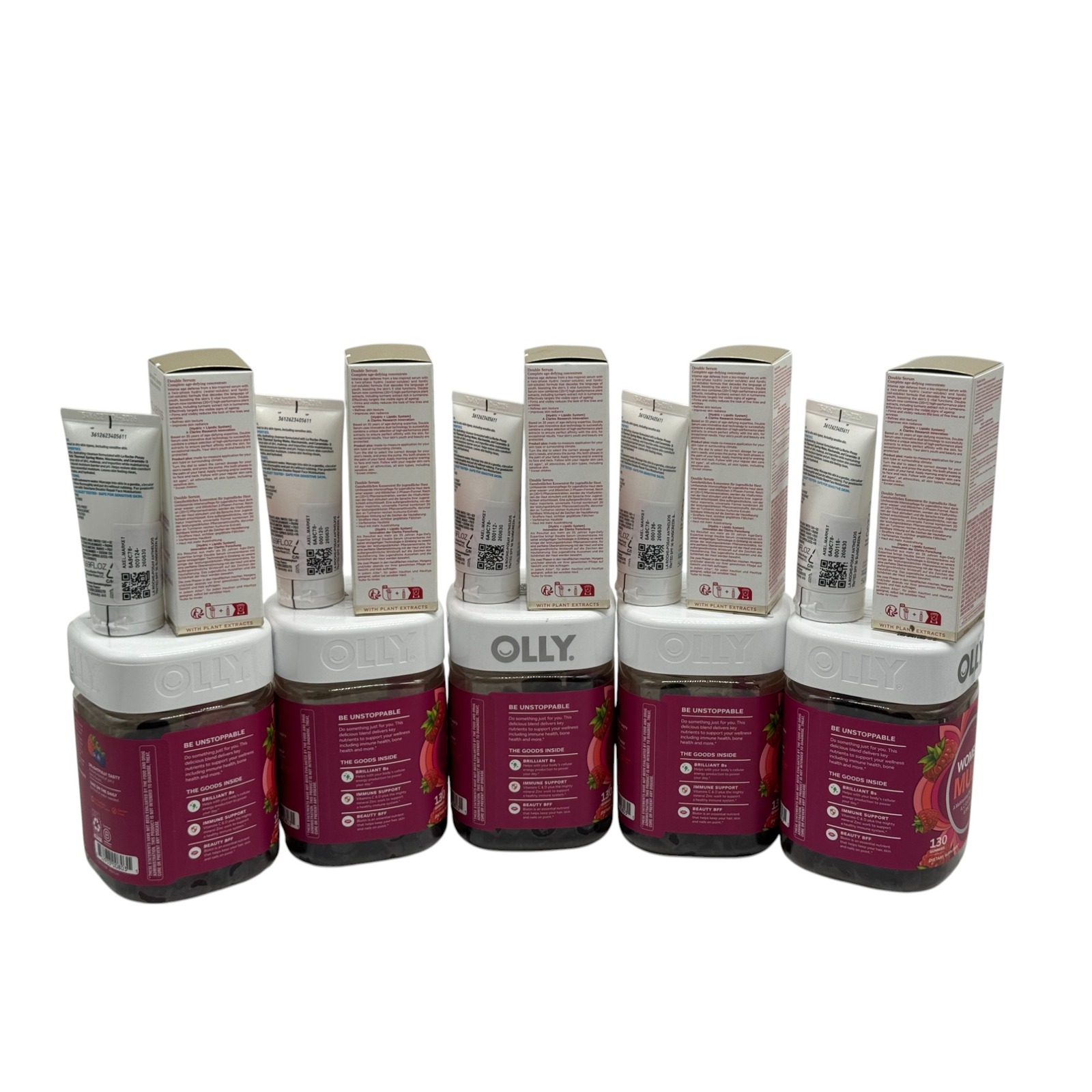 Mixed Lot of skin care Items - Cleanser, Double Serum & Multivitamins - 5 count each