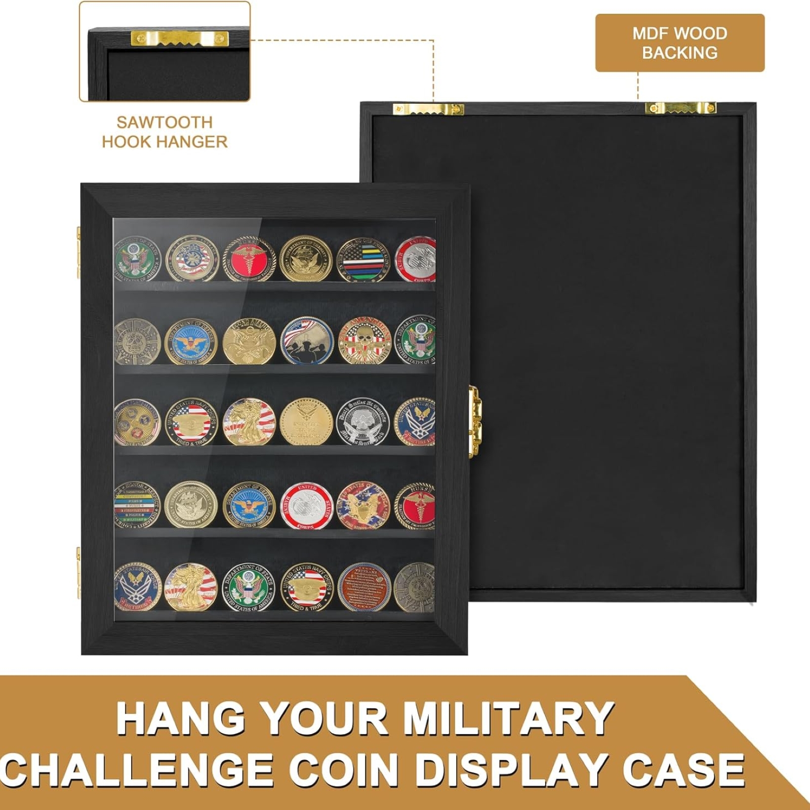 Military Challenge Coin Display Case 11x14IN, Medal Shadow Box with HD Acrylic Glass, Removable 2 Groove Shelves, Wall Mount Coin Collection Holder for Casino Poker Chips Exquisite Souvenirs