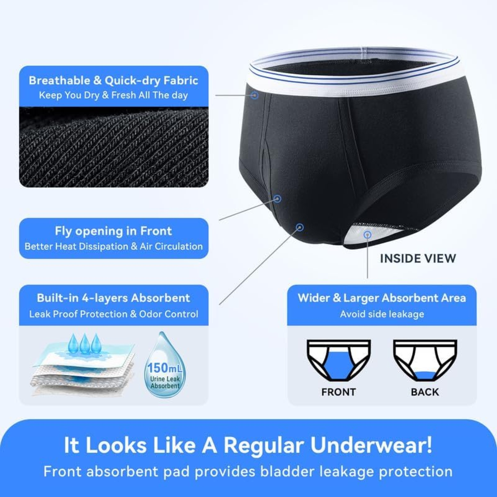 Carer Mens Incontinence Underwear Washable 3 Pack Cotton Reusable Incontinence Boxers Briefs for Men Built in Cotton Pad for Bladder Leakage 150ML, 4X-Large