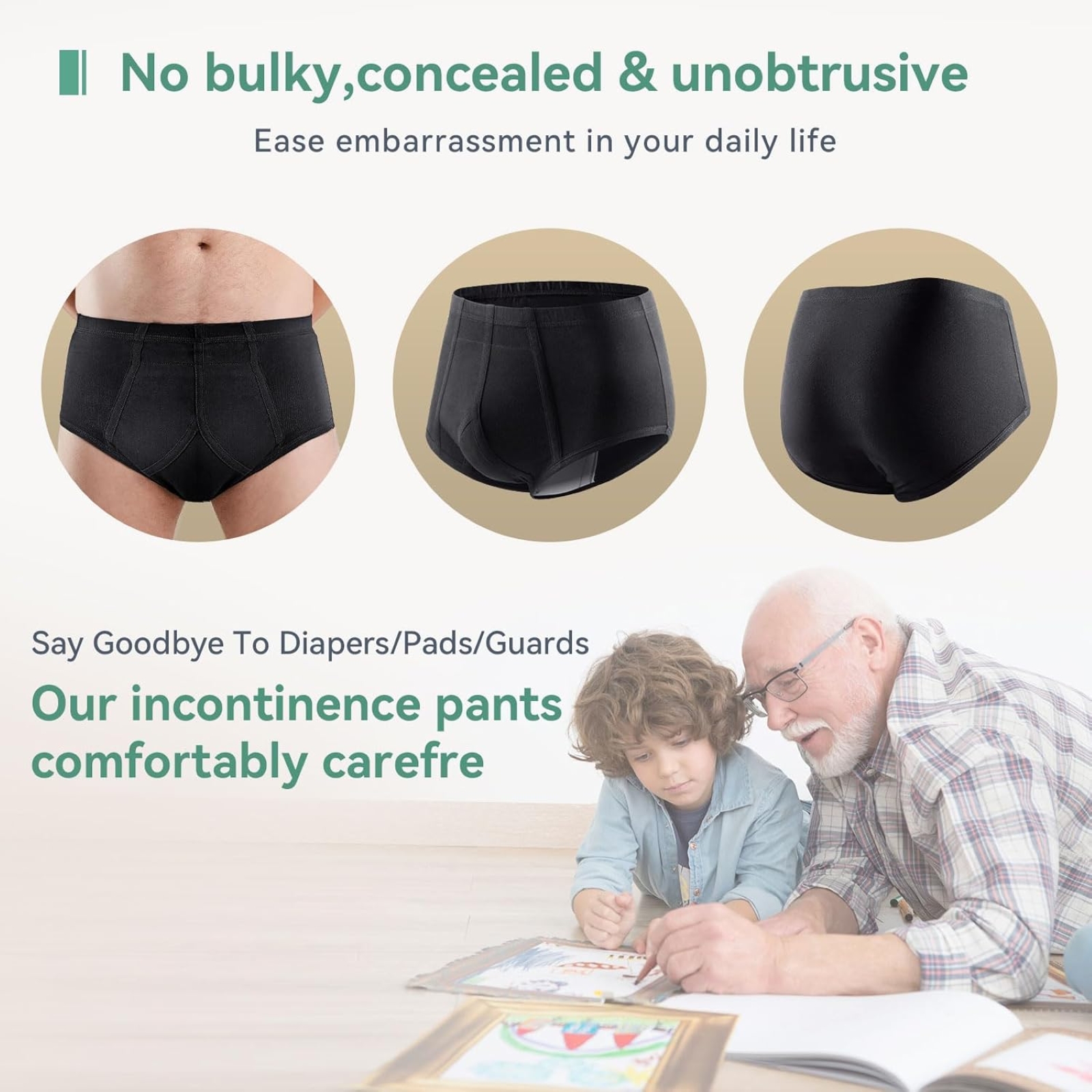 Incontinence Underwear for Men 3 Pack Washable Mens Incontinence Briefs with Front Absorbent Area Leak Proof Underwear for Men Reusable Urinary Incontinence Underwear (Black, 2XL)