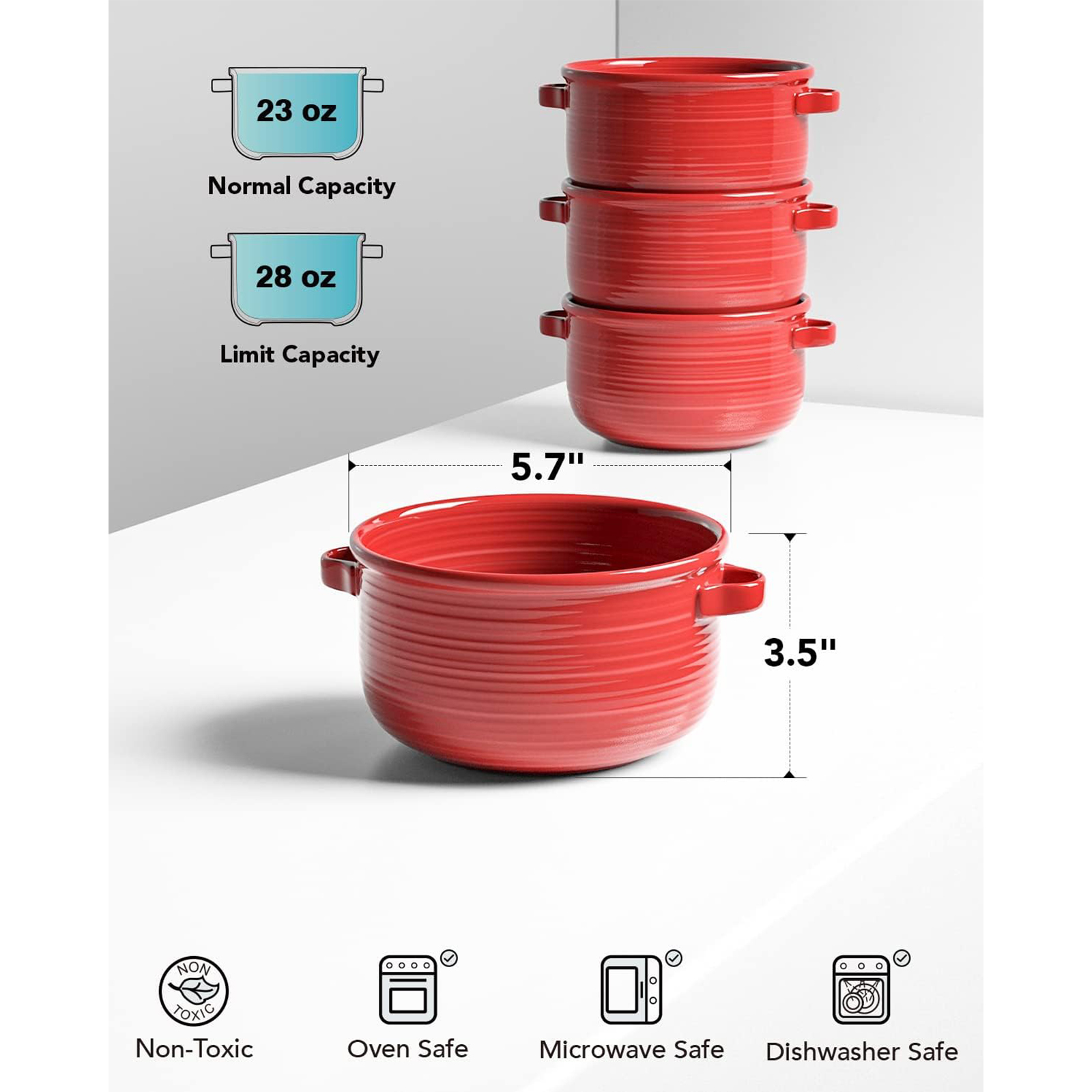LE TAUCI Soup Bowls with Handles, Ceramic French Onion Soup Bowls 28 Ounces for Soup, Cereal, Chilli, Beef Stew, Stackable Serving Bowls Set, Oven Microwave Dishwasher Safe, Set of 4, Red