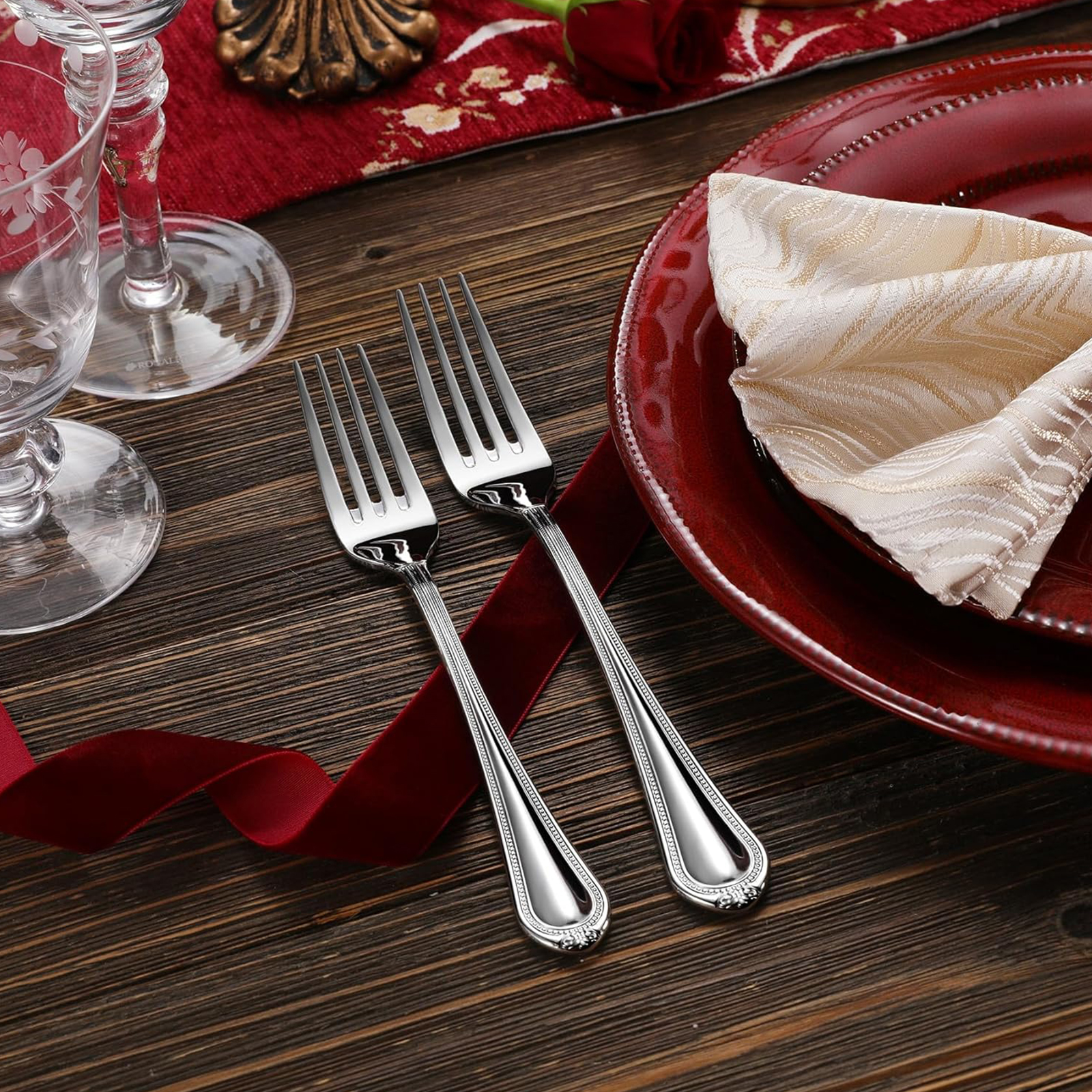 KEAWELL Pearl Edge 4-Piece Premium Fork Set, 18/10 Stainless Steel, Fine Silverware with Mirror Finish, Dishwasher Safe (4, 8" Dinner Forks)
