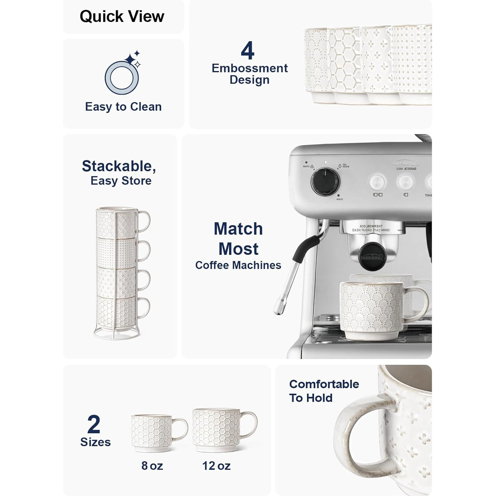 LE TAUCI Stackable Coffee Mugs with Rack, 12 oz - Set of 4, Arctic white