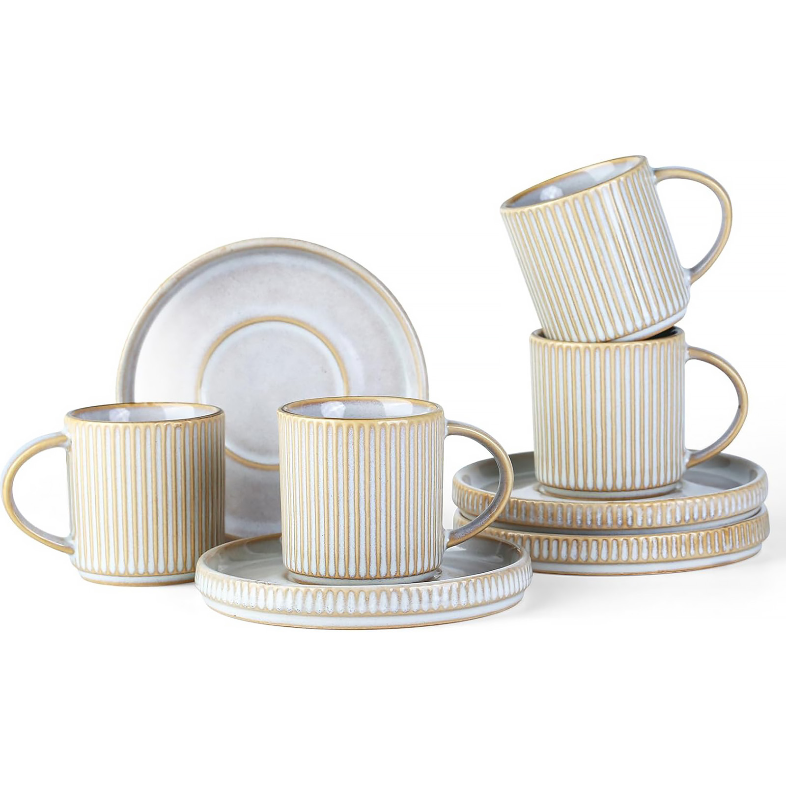 famiware Star Espresso Cups and Saucers Set of 4, [ Mini ] 3 oz Ceramic Small Coffee Mug with Handle, Ribbed Stoneware Demitasse Cup for Tea, Latte - Microwave & Dishwasher Safe - Cappuccino White