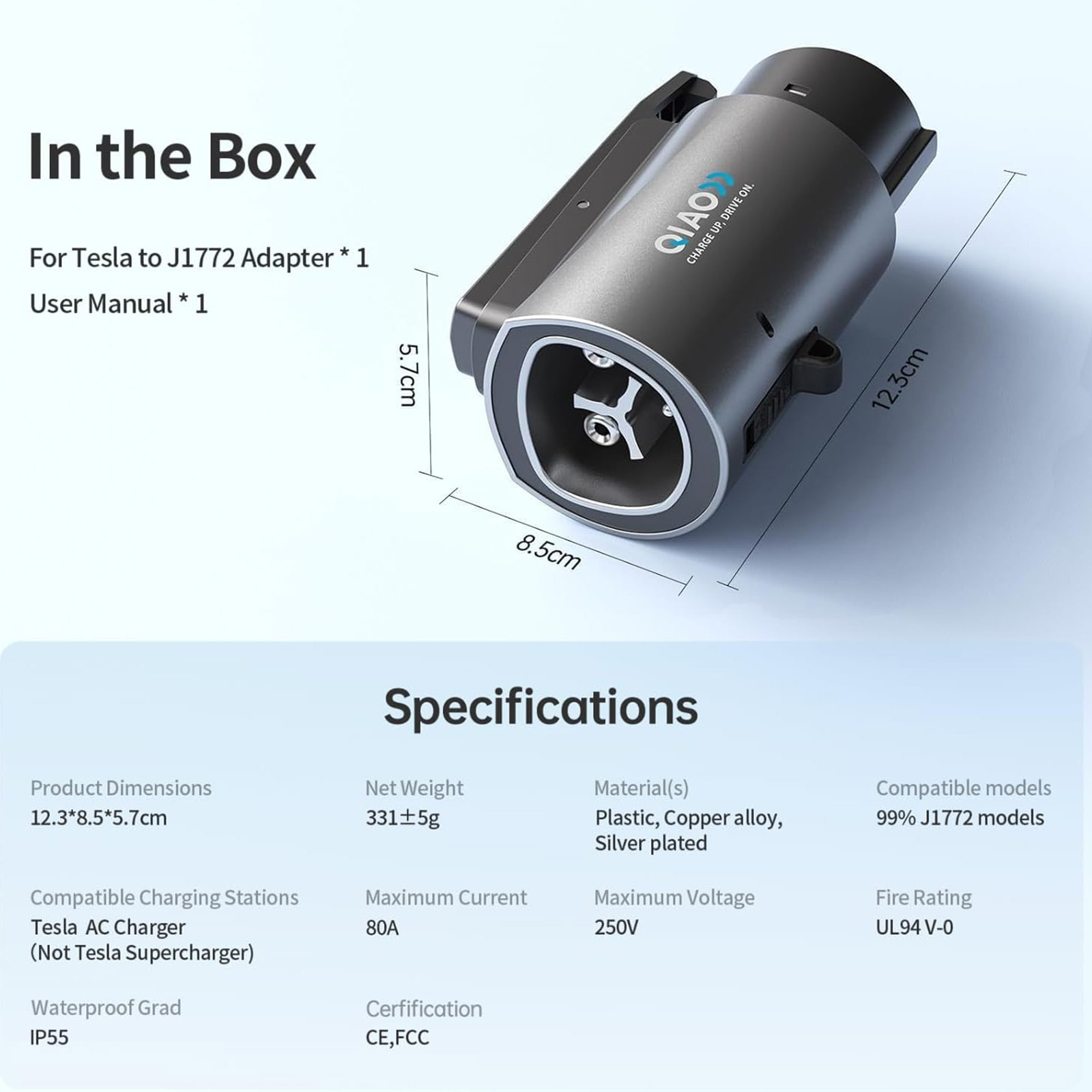 QIAO Fit for Tesla to J1772 Charger Adapter, Up to 80A 250V - NACS to J1772 EV