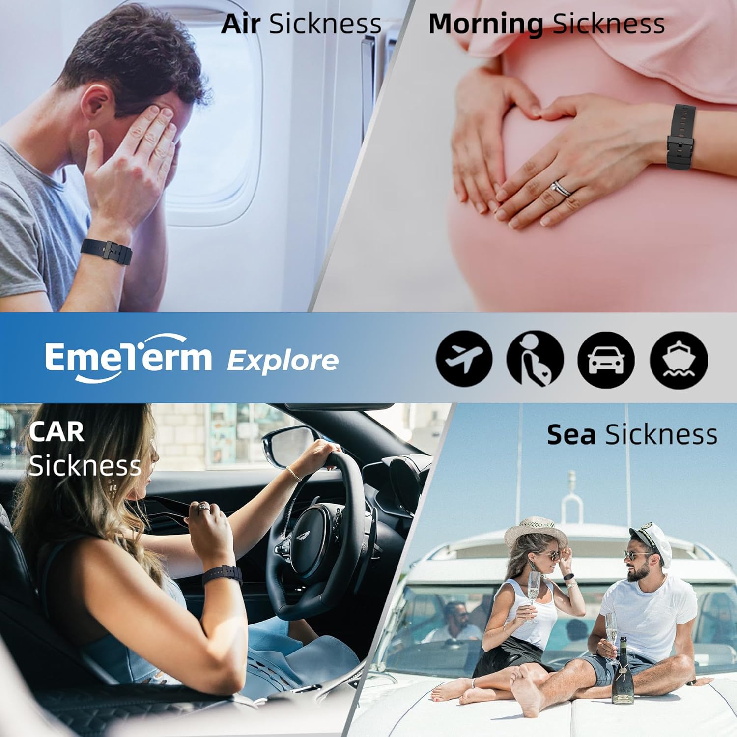 EmeTerm Explore FDA-Cleared Galaxy Black Anti-Nausea Wristband IP67 Waterproof Morning Motion Travel Sickness Vomit Relief Rechargeable Classic Strap Design No Gel Drug Free Without Side Effects