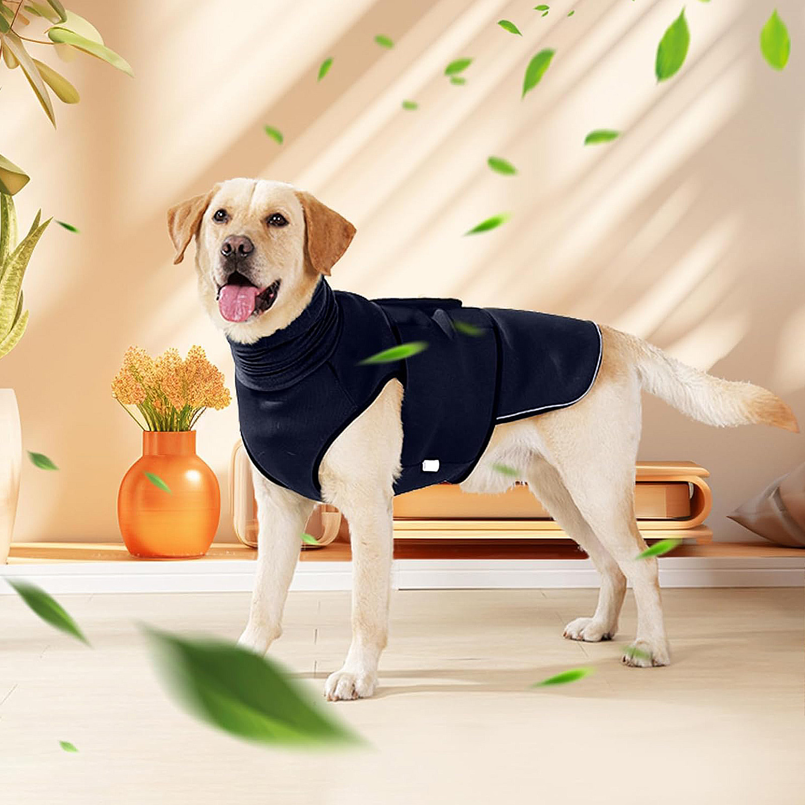 Lelepet XL Navy Blue Dog Shirt: Ear Cover for Anxiety, Calming Hood, Reflective Strips