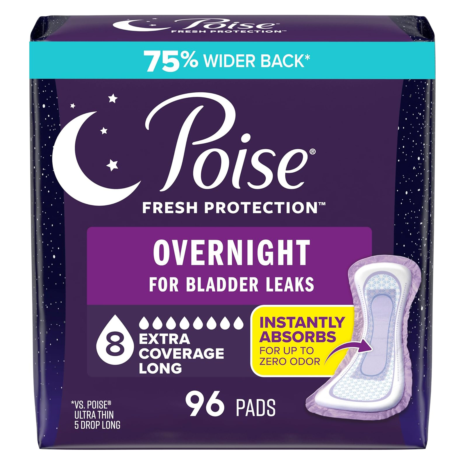 Poise Overnight Incontinence & Postpartum Pads for Bladder Leaks, 8 Drop Extra Coverage, 96 Count, Packaging May Vary