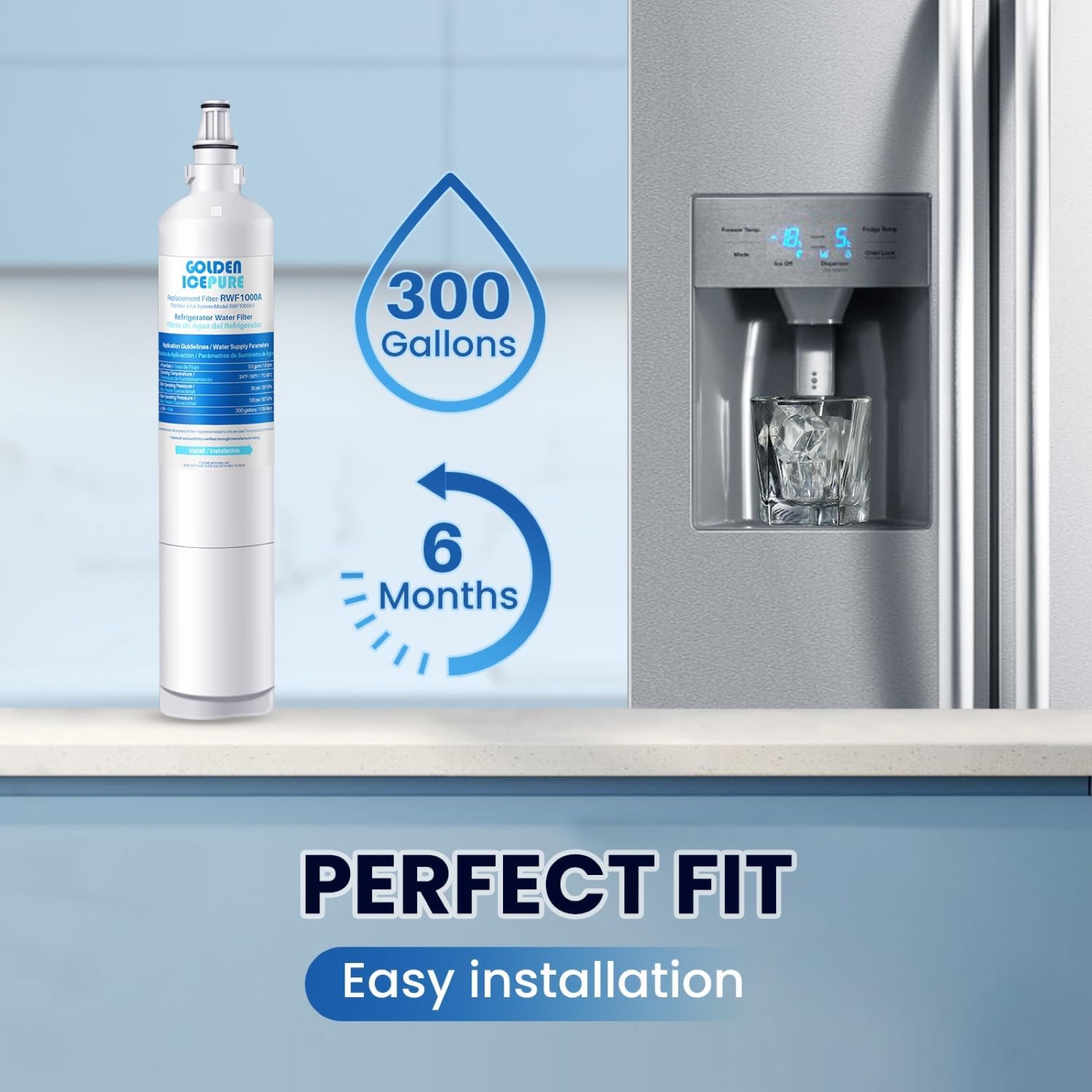 GOLDEN ICEPURE 5231JA2005A Replacement for LG LT600P, 469990, RFC1000A, WF300, FML-2 Refrigerator Water Filter 5231JA2006B, LFX25961SB, LSC27931ST, LFX25971ST, LRSC26925TT, LSC27990TT (3 PACK)
